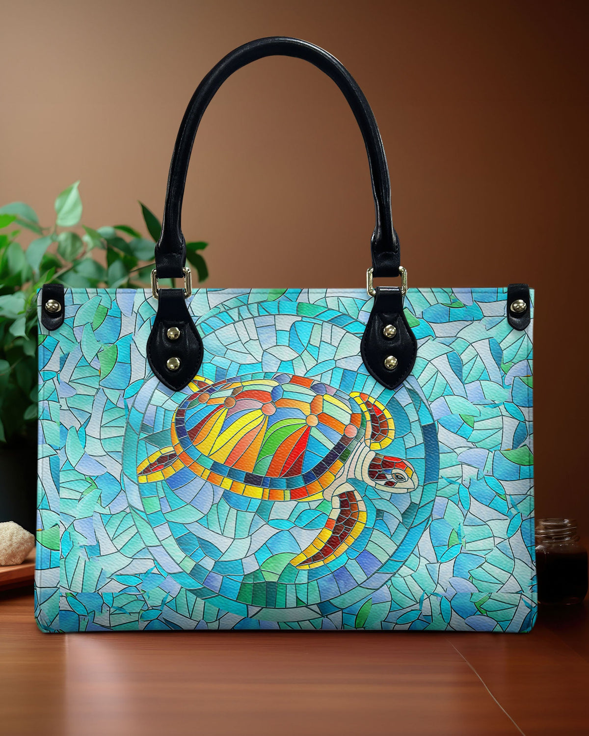 BLISSCORNERS STAINED GLASS TURTLE LEATHER HANDBAG