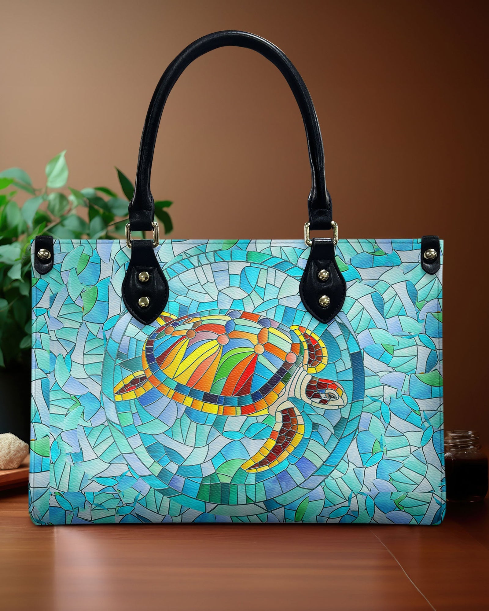 BLISSCORNERS STAINED GLASS TURTLE LEATHER HANDBAG