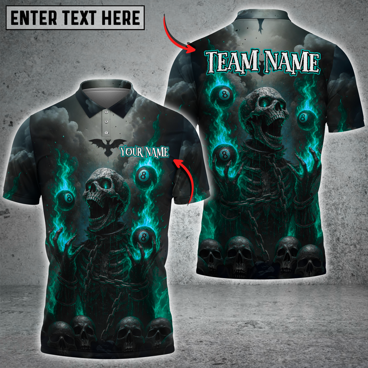 Blisscorners Billiards Fiery Skeleton with 8-Balls Multicolor Customized Name, Team Name 3D Shirt