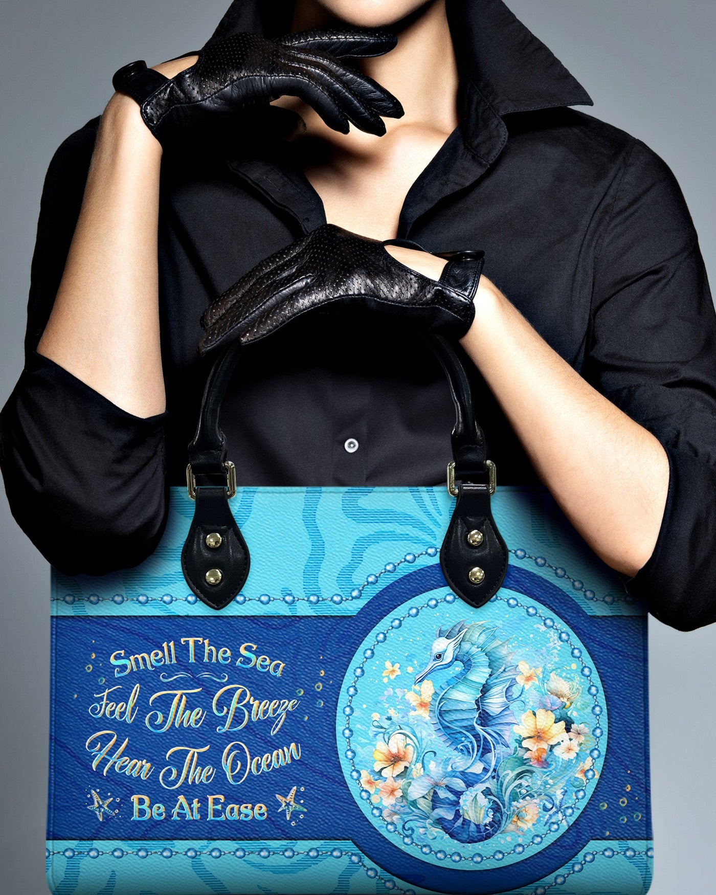 BLISSCORNERS SMELL THE SEA FEEL THE BREEZE SEAHORSE LEATHER HANDBAG