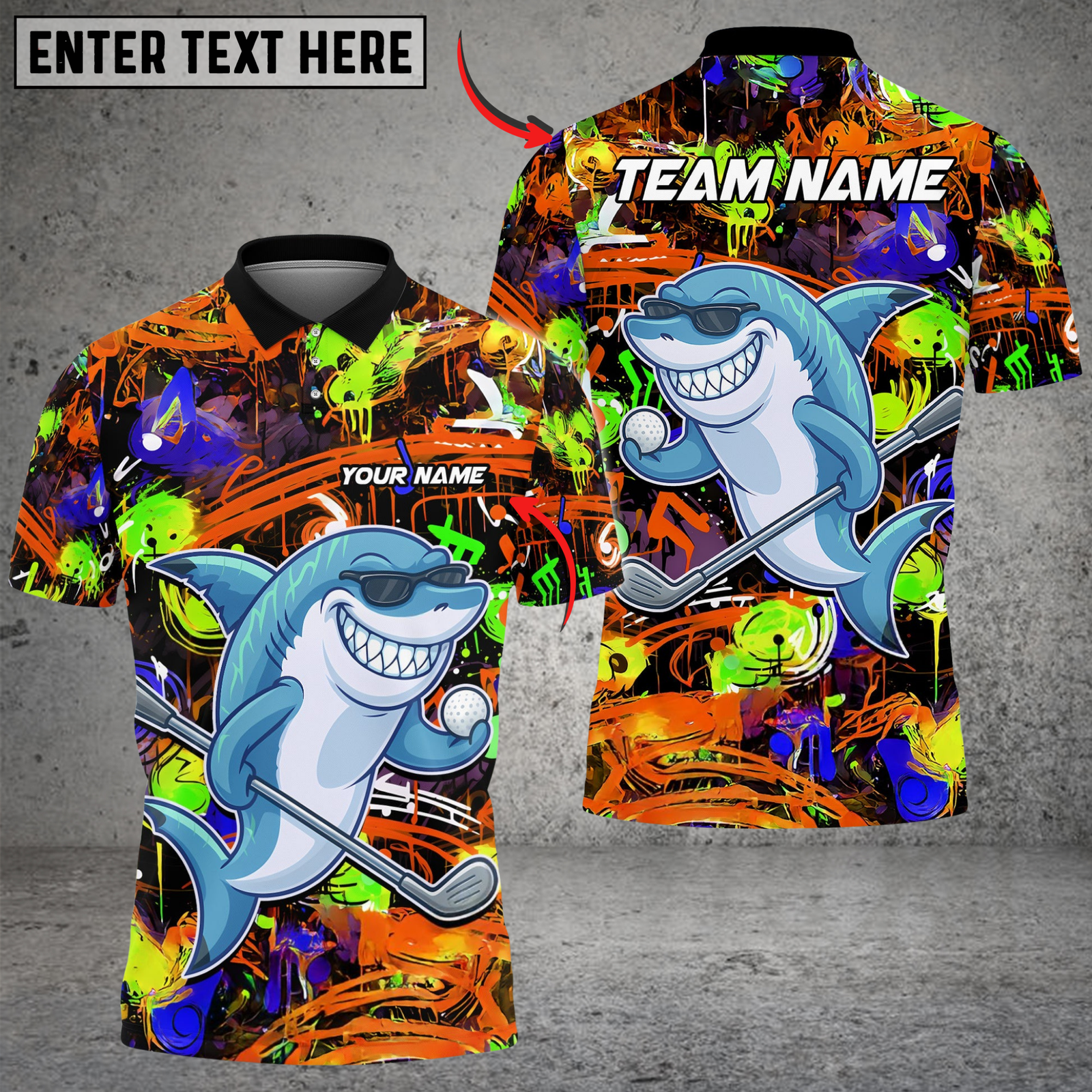 Blisscorners Shark Swing Graffiti Golf Polo Shirt, Customized Name & Team Name 3D Shirts (4 Colors)