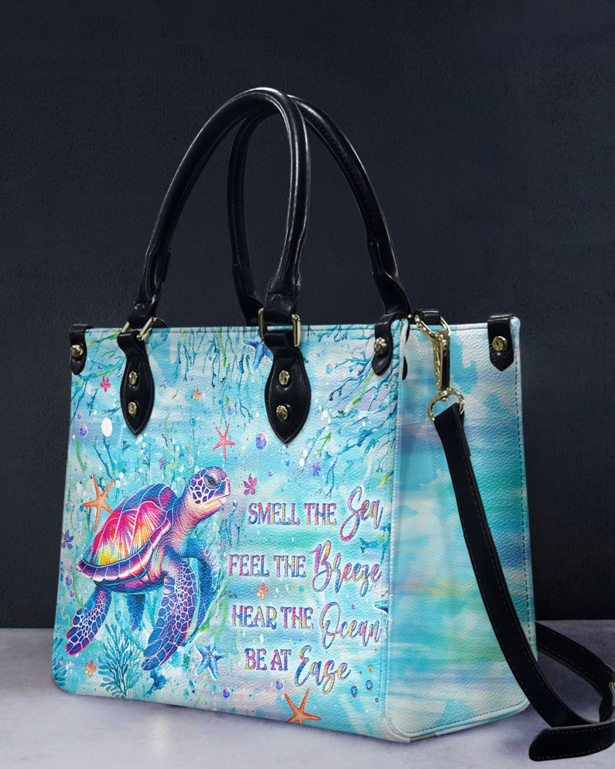 BLISSCORNERS SMELL THE SEA FEEL THE BREEZE TURTLE LEATHER HANDBAG