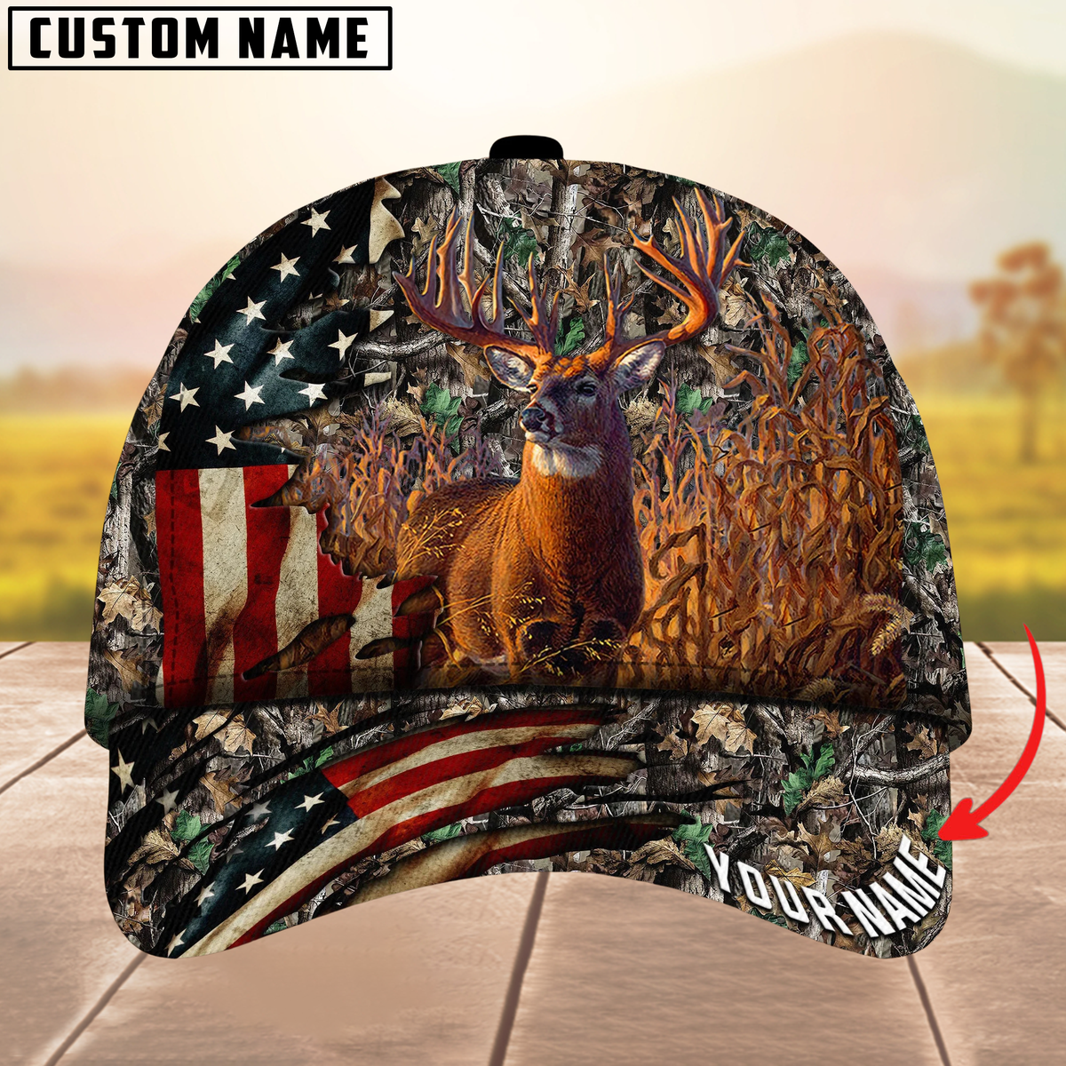 Blisscorners Deer Hunting American Flag Camouflage Pattern Multicolor Personalized Name 3D Cap