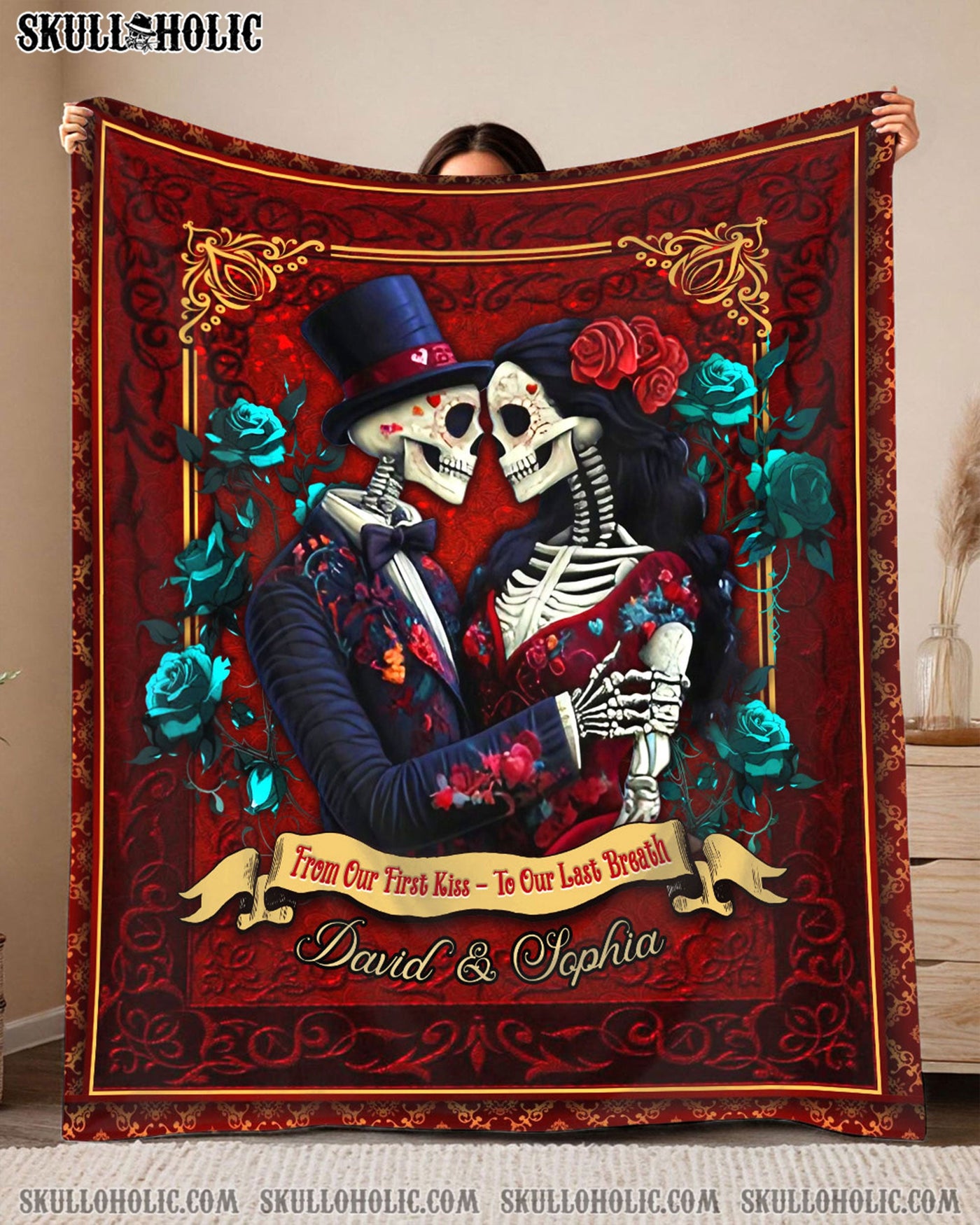 BLISSCORNERS PERSONALIZED FROM OUR FIRST KISS SKULL COUPLE FLEECE BLANKET