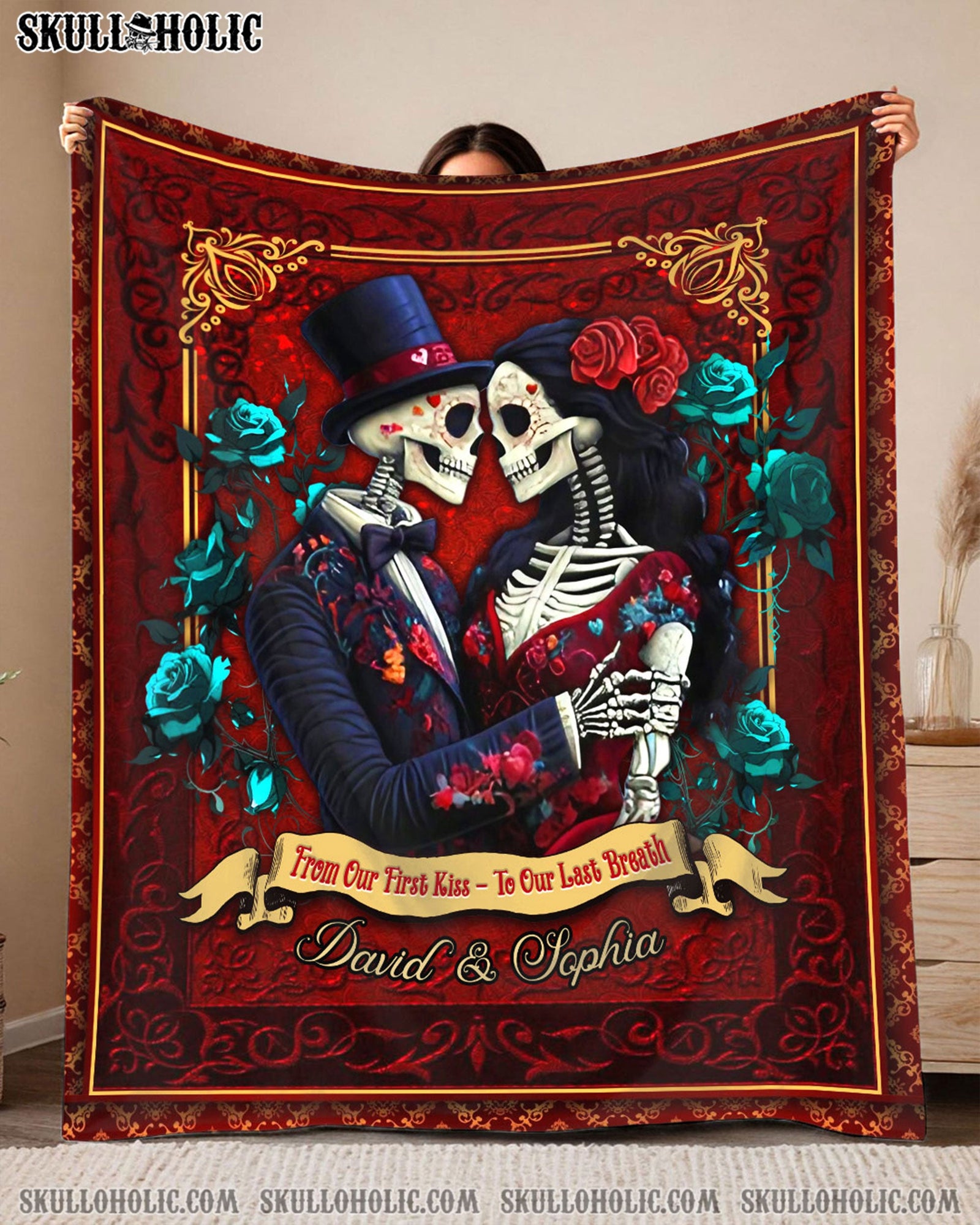 BLISSCORNERS PERSONALIZED FROM OUR FIRST KISS SKULL COUPLE FLEECE BLANKET