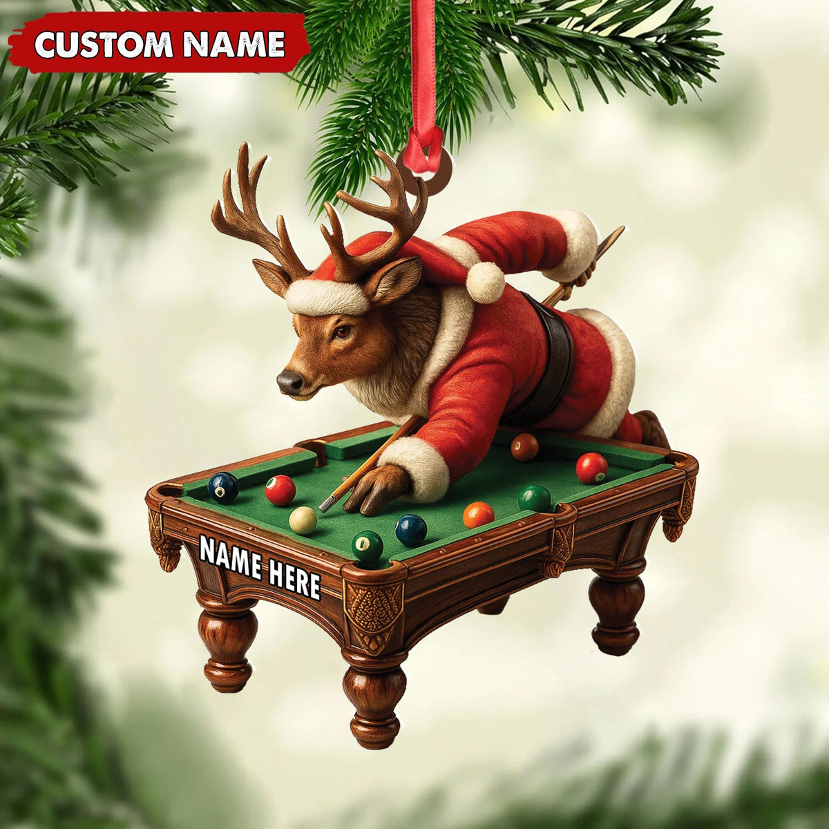 Blisscorners Personalized Acrylic Deer Christmas Ornament - Funny Buck Playing Pool in Santa Outfit Holiday Decor LM0110