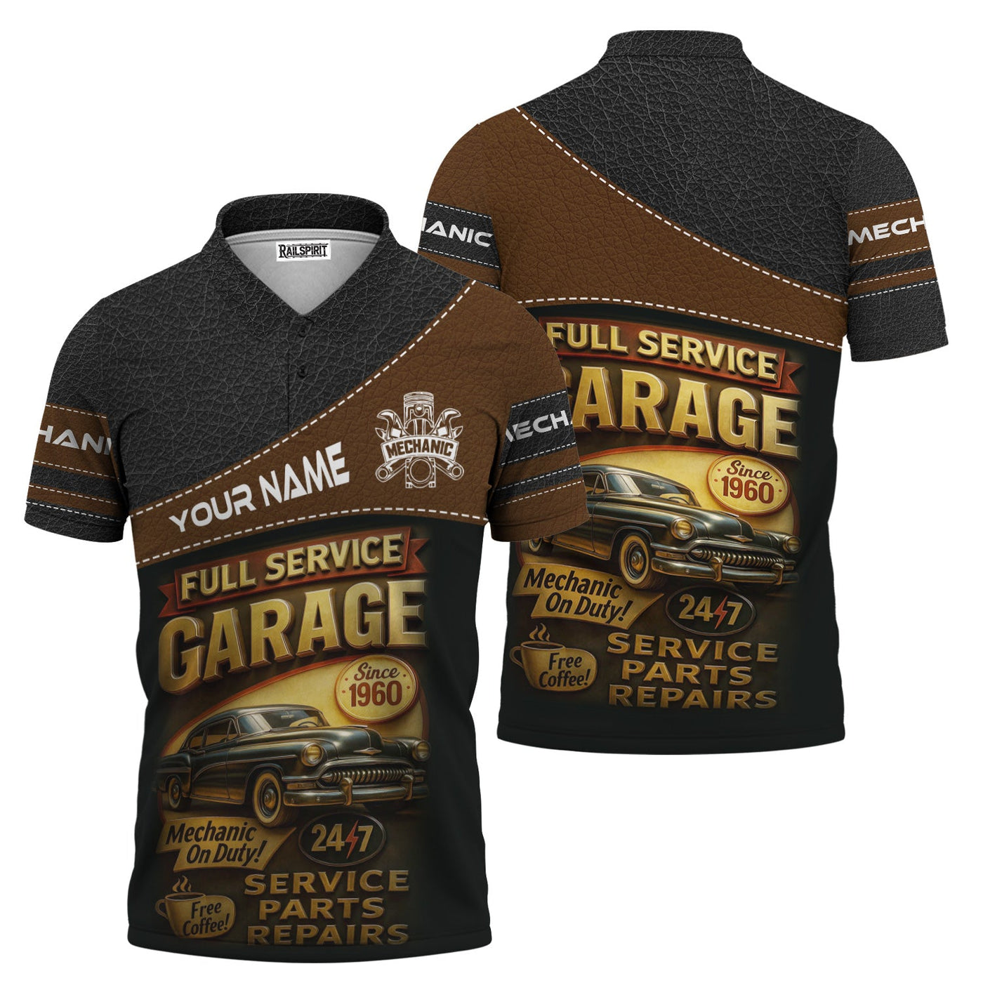 Blisscorners Personalized Mechanic Shirt, Full Service Garage Mechanic On Duty, Leather Printed Design, Custom Year, Gift For Men