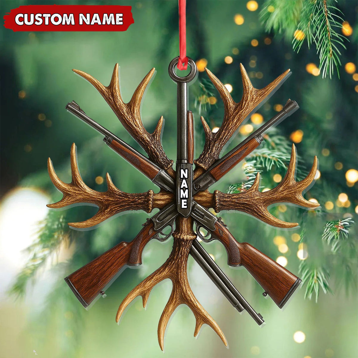 Blisscorners Custom Name Hunting Ornament, Antlers and Rifles Christmas Decor for Hunters LM0411