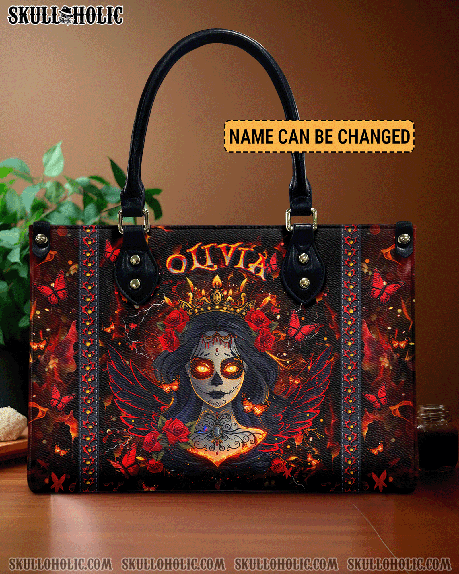 BLISSCORNERS RED BLACK SKULL LADY LEATHER HANDBAG