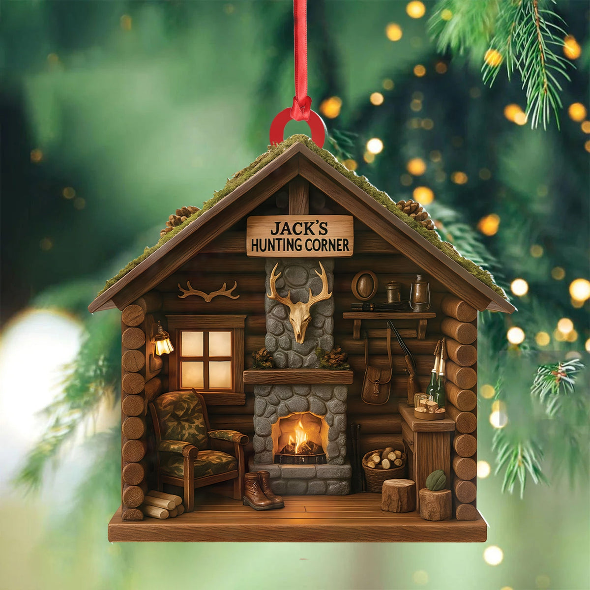 Blisscorners Personalized Hunterâ€™s Cabin Ornament, Custom Log Cabin Christmas Decoration for Outdoor Lovers LM0411