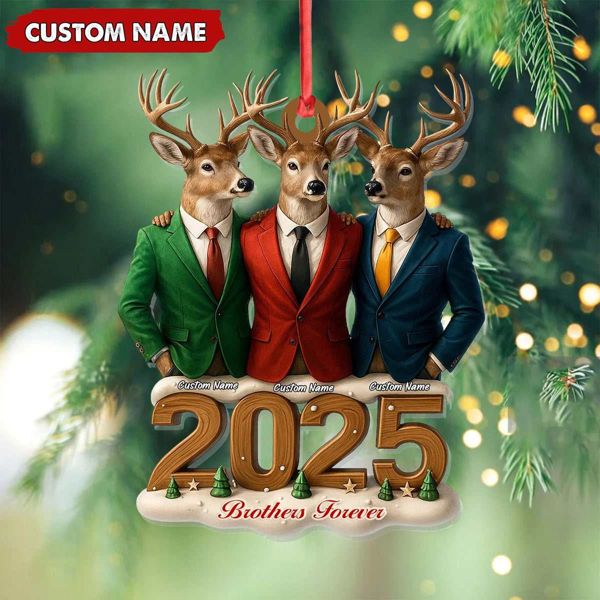 Blisscorners Personalized Brothers Forever 2025 Christmas Ornament, Custom Name Deer Trio in Suits, Funny Family Brother Gift Decor MT2411