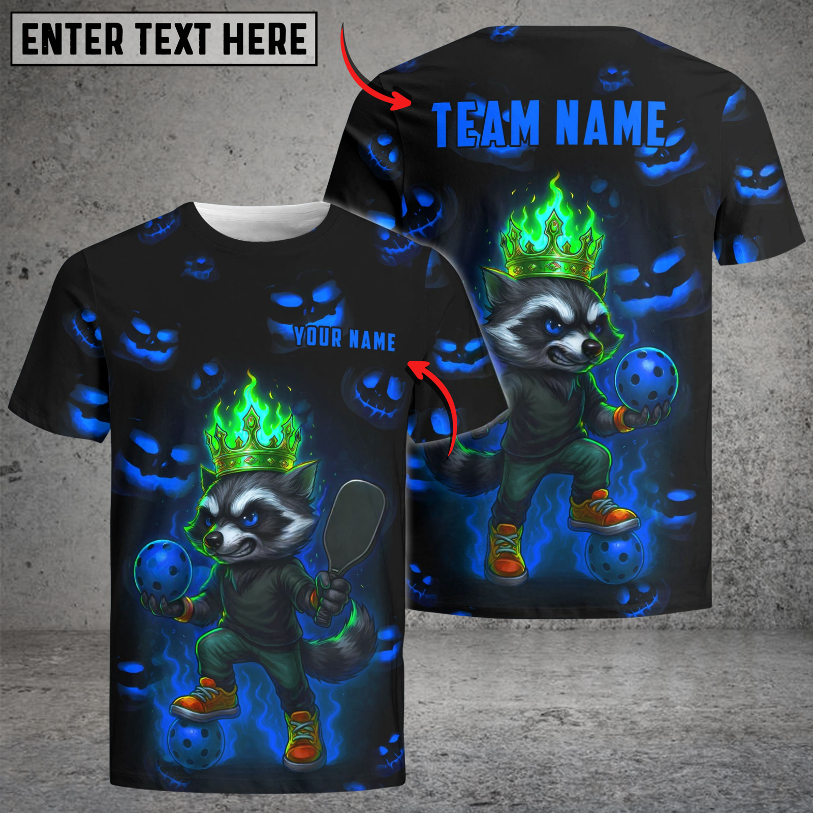 Blisscorners Pickleball Neon Raccoon Flame Crown Customized Name & Team Name 3D Shirts