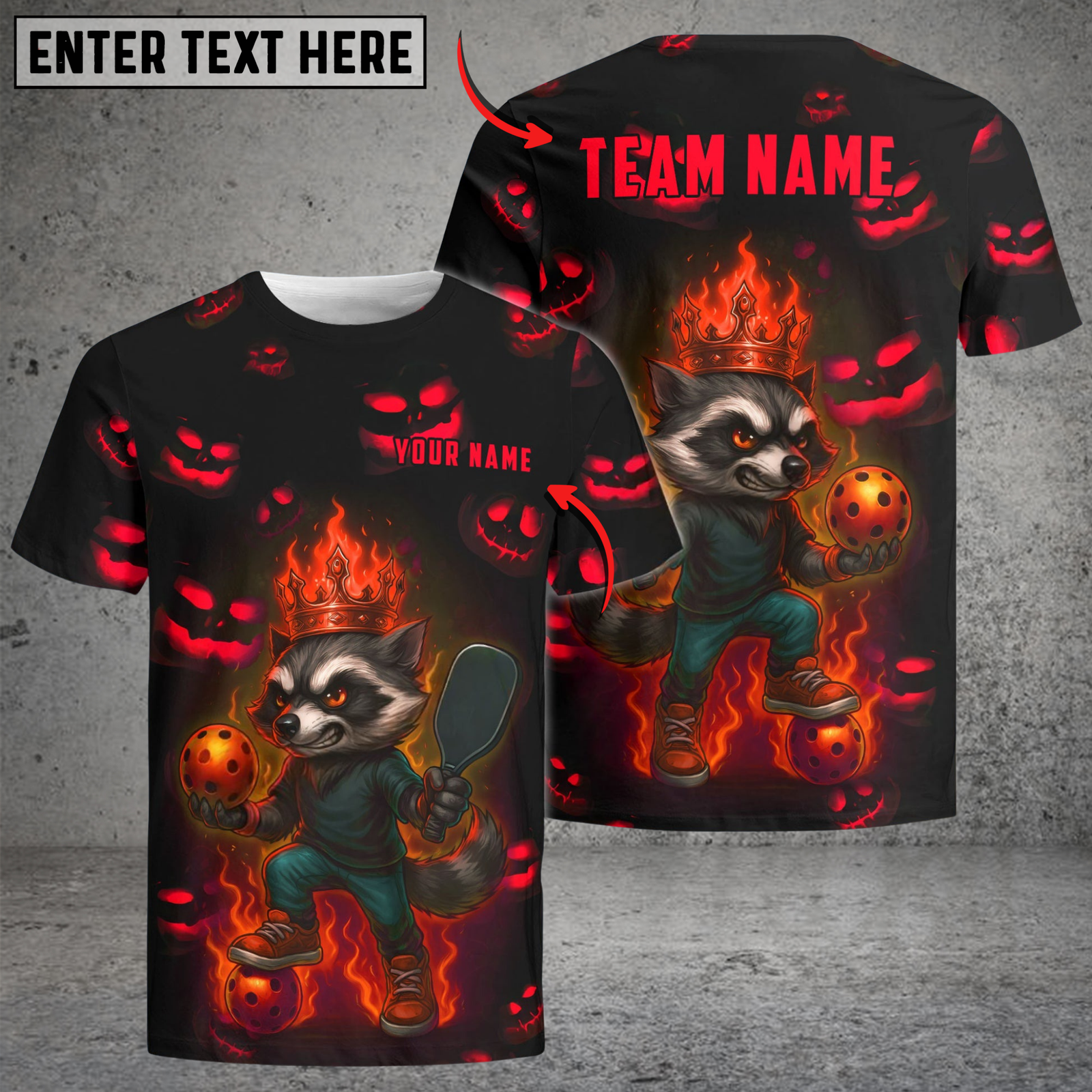 Blisscorners Pickleball Neon Raccoon Flame Crown Customized Name & Team Name 3D Shirts