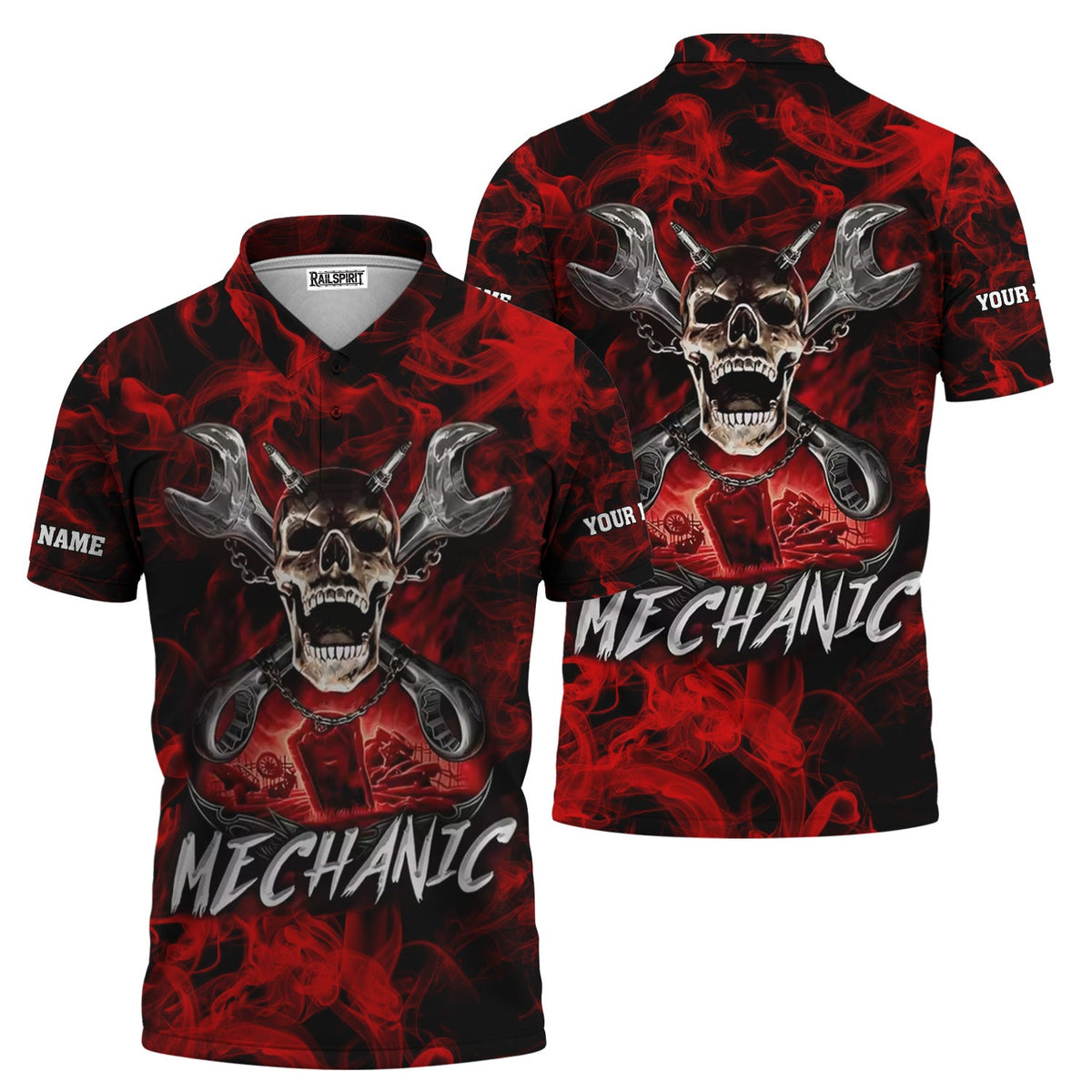 Blisscorners Custom Name Skull Wrench Cross Mechanic Shirt Smoking Style Printed Jacket Hoodie All Over Print