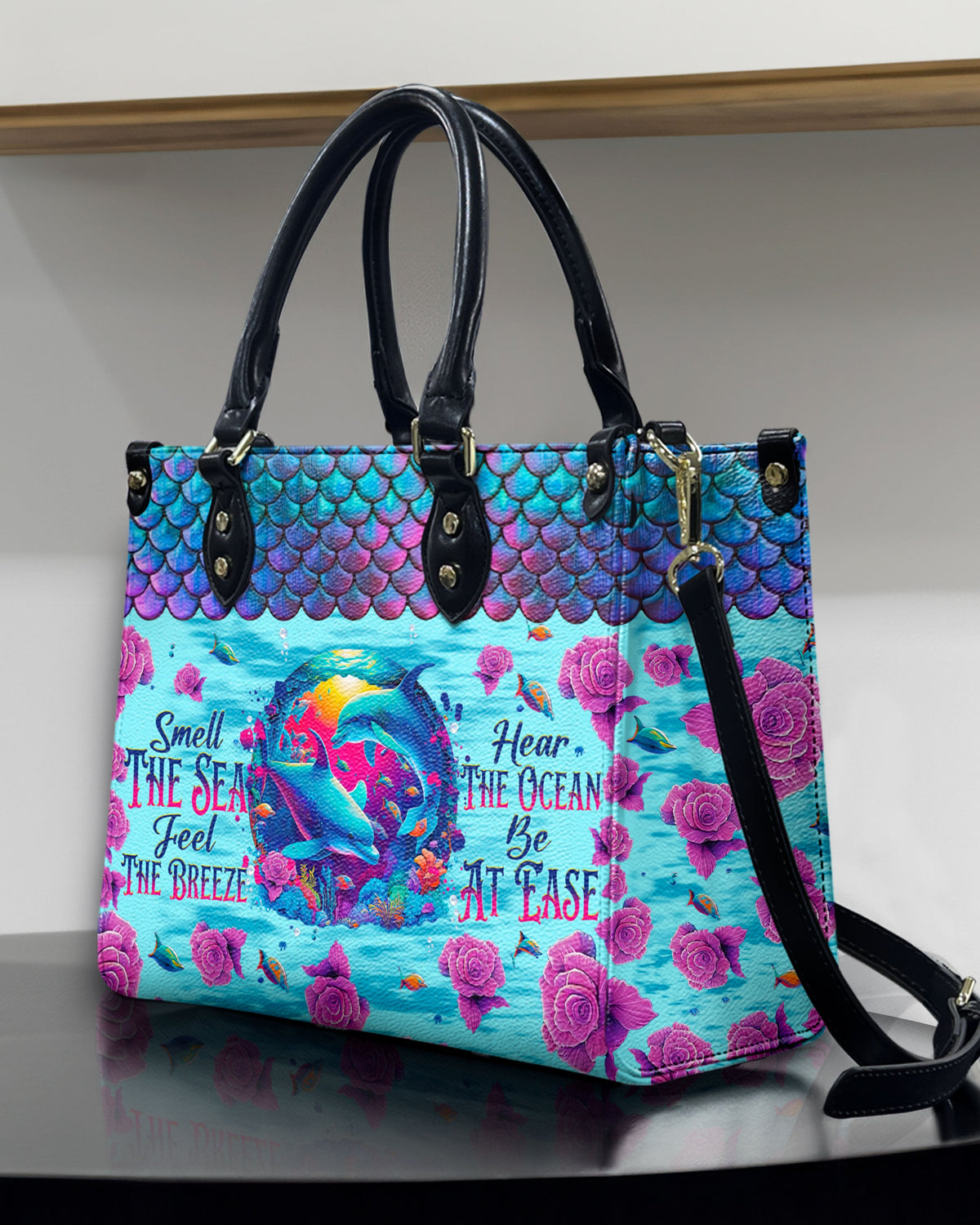 BLISSCORNERS SMELL THE SEA FEEL THE BREEZE DOLPHIN LEATHER HANDBAG
