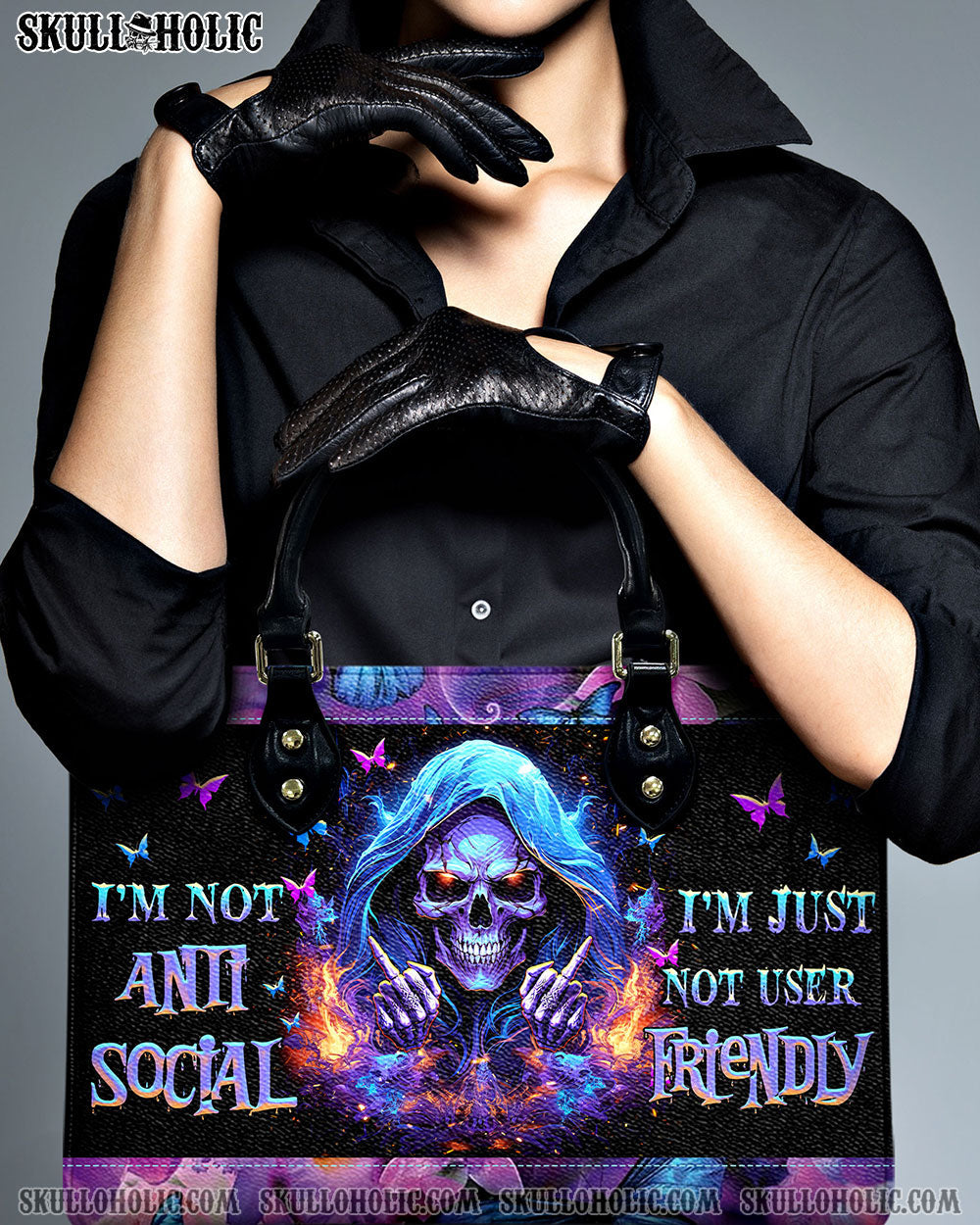 BLISSCORNERS I'M NOT ANTI-SOCIAL MAD REAPER SKULL LEATHER HANDBAG