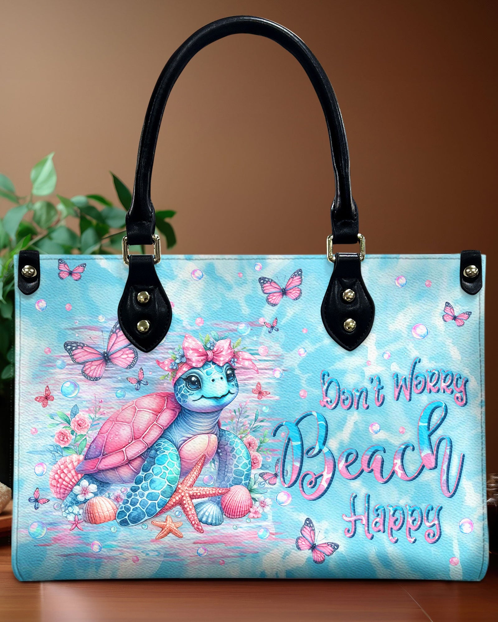 BLISSCORNERS DON'T WORRY BEACH HAPPY TURTLE LEATHER HANDBAG
