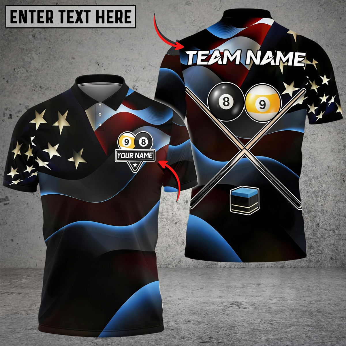 Blisscorners Billiards Ball 8 &amp; 9 American Flag Cross Cue Customized Name, Team Name 3D Shirt