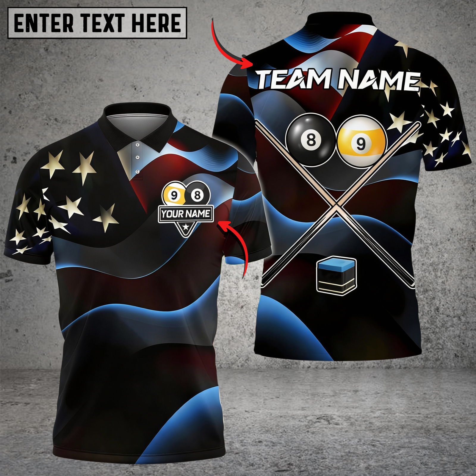 Blisscorners Billiards Ball 8 & 9 American Flag Cross Cue Customized Name, Team Name 3D Shirt