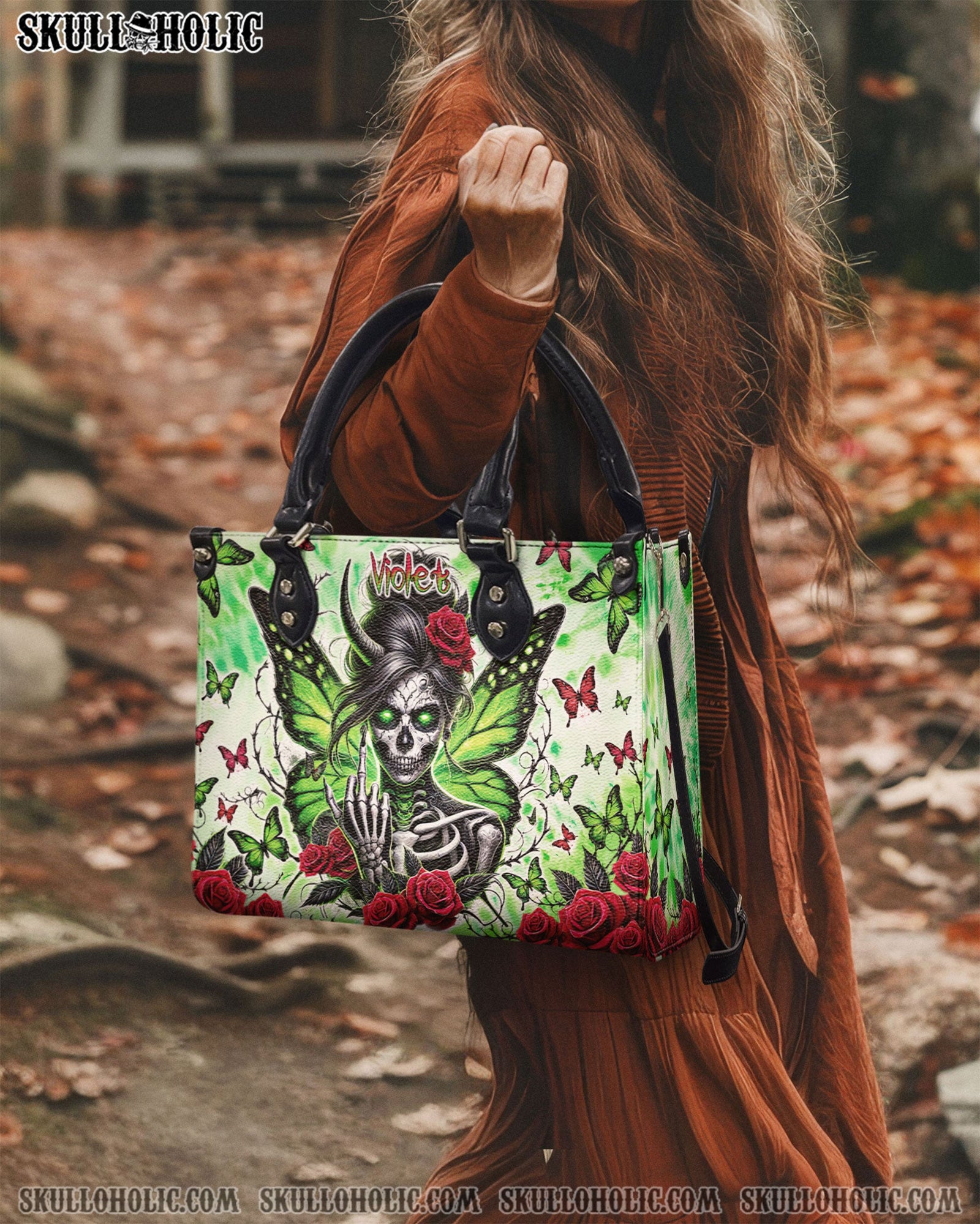 BLISSCORNERS PERSONALIZED SKULL MESSY BUN WITH BUTTERFLY LEATHER HANDBAG