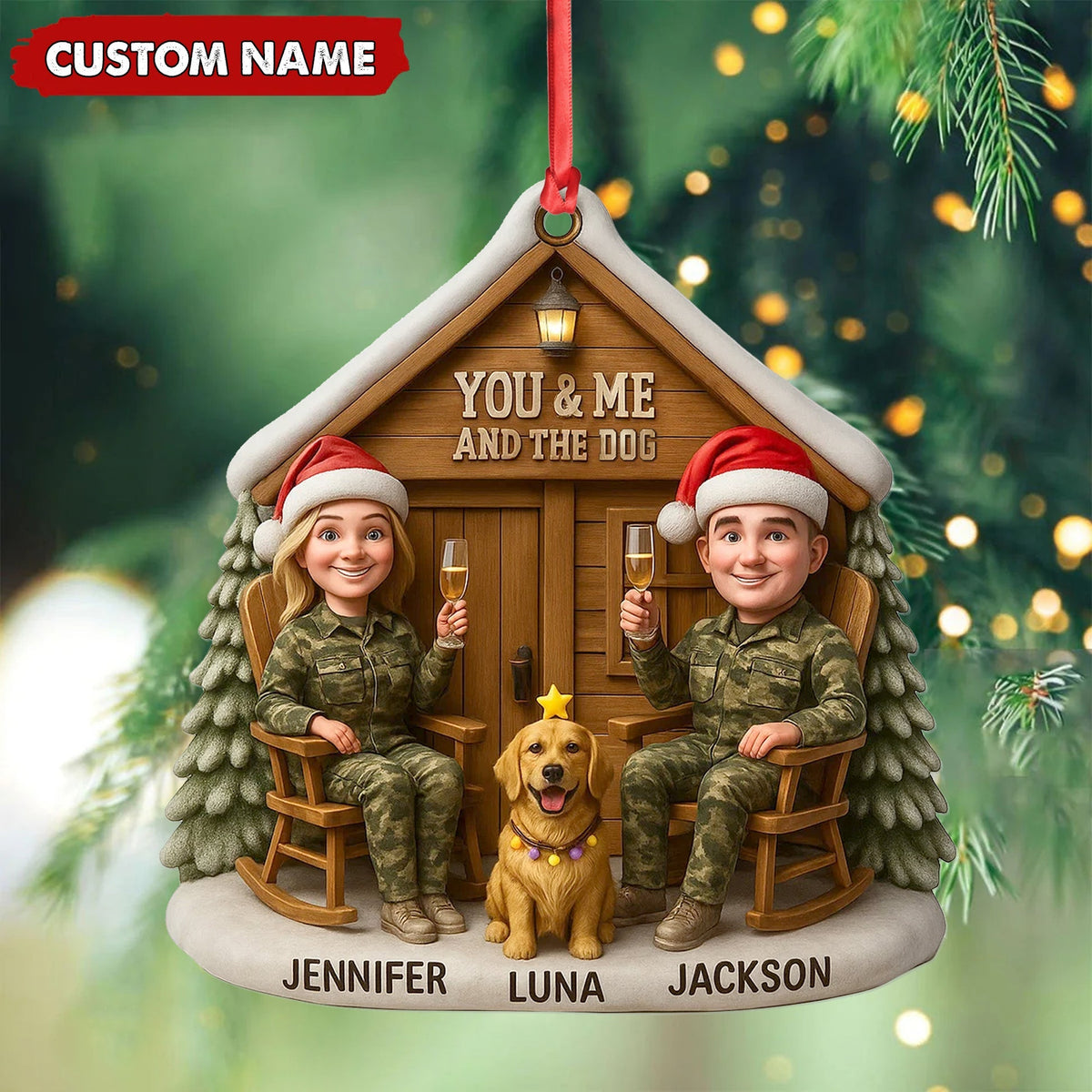 Blisscorners Personalized Hunter Couple Dog Christmas Ornament, Custom Name -You and Me and the DogCabin, Cute Hunting Family Pet Lover Gift