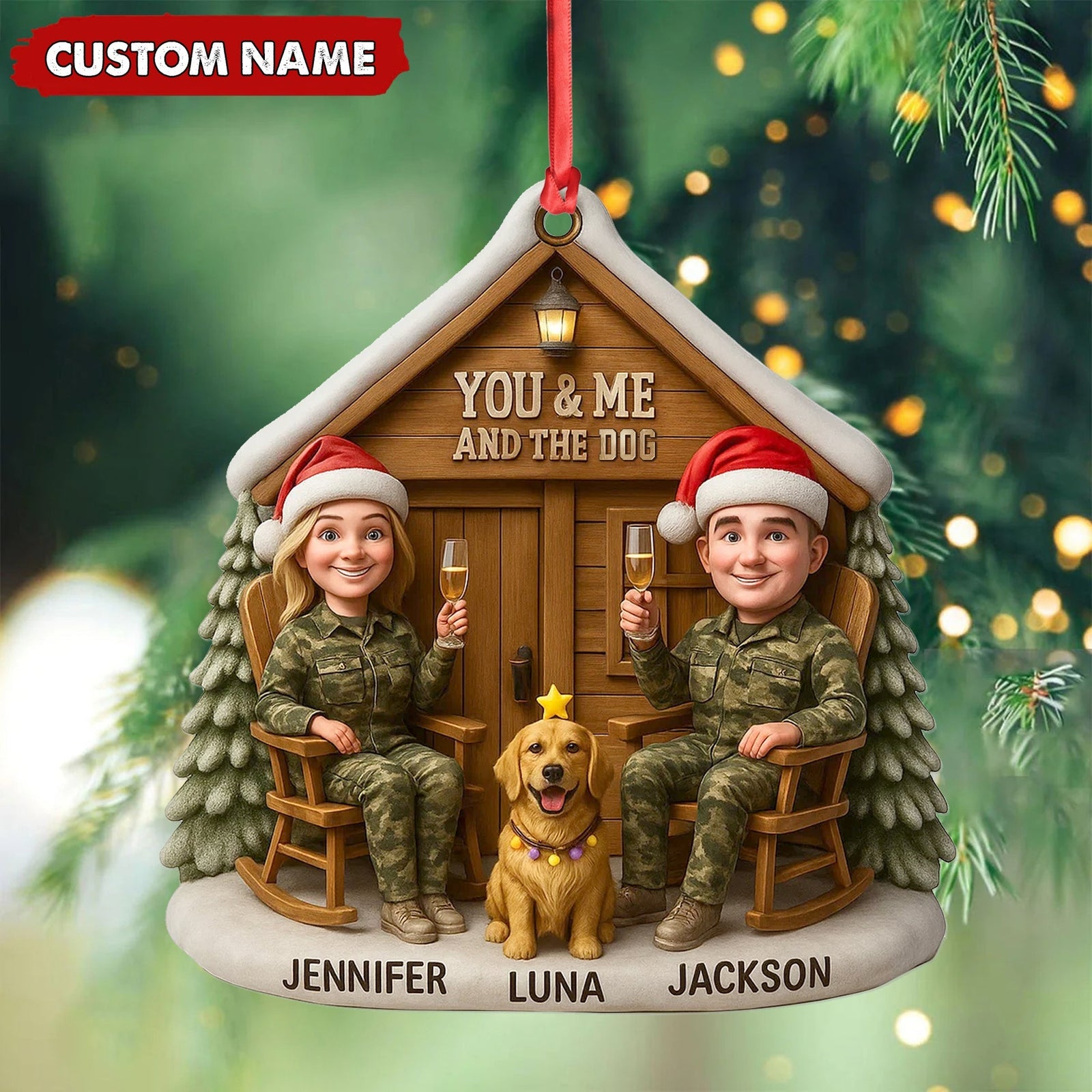 Blisscorners Personalized Hunter Couple Dog Christmas Ornament, Custom Name -You and Me and the DogCabin, Cute Hunting Family Pet Lover Gift