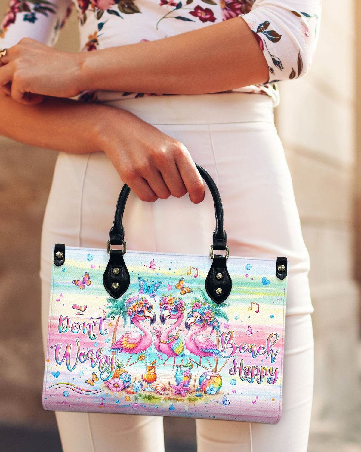 BLISSCORNERS DON'T WORRY BEACH HAPPY FLAMINGO LEATHER HANDBAG