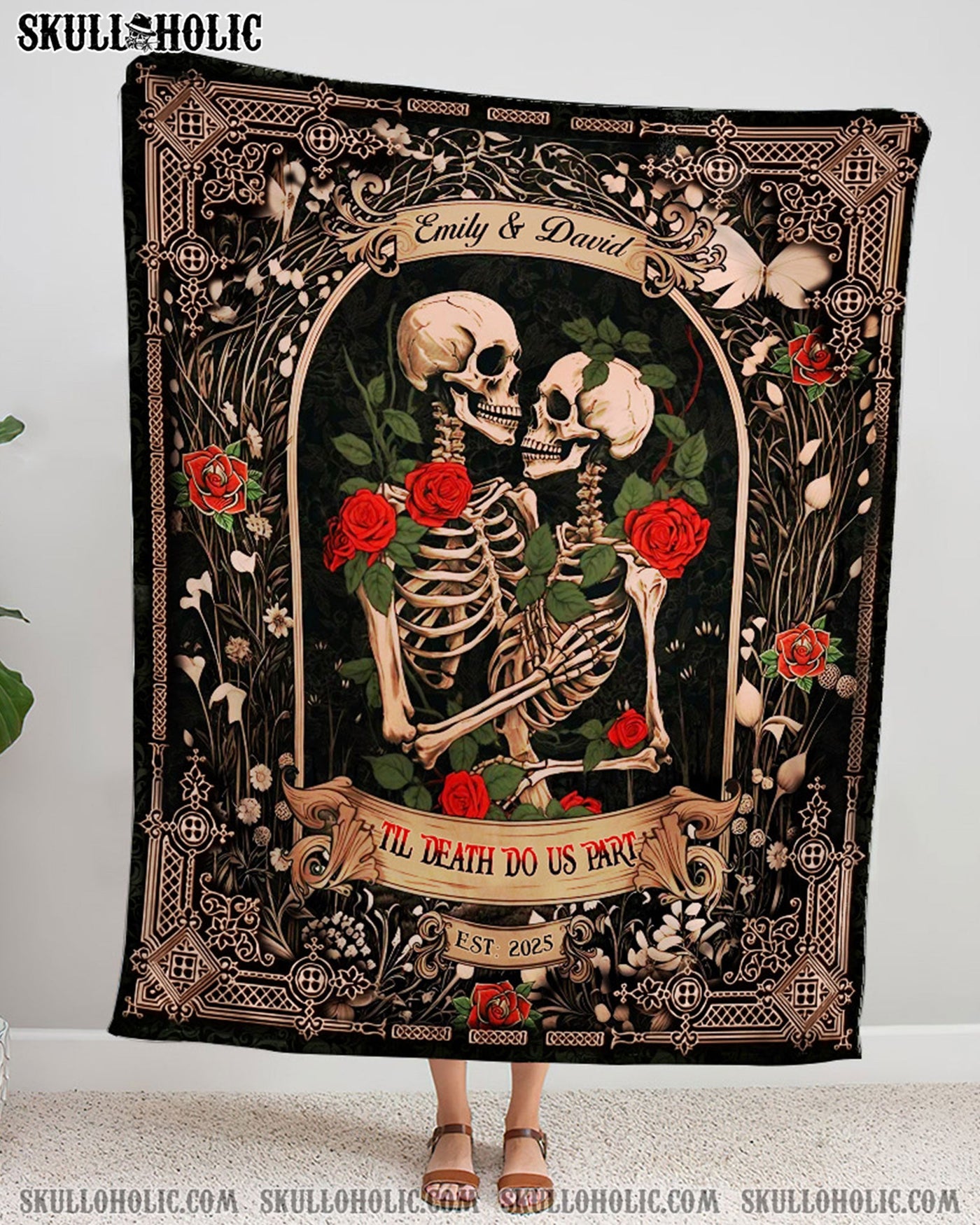 BLISSCORNERS PERSONALIZED DARK ROMANTIC SKELETON COUPLE FLEECE BLANKET