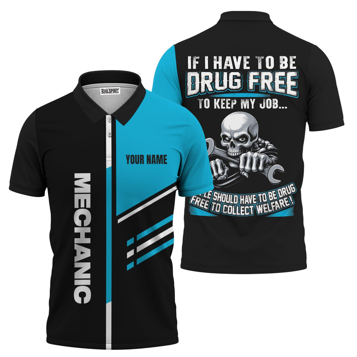 Blisscorners Personalized Mechanic Shirt, Drug Free Job Quote, Custom Name Shirt, Cool Skull Design, Funny Work Apparel, Gift for Mechanics