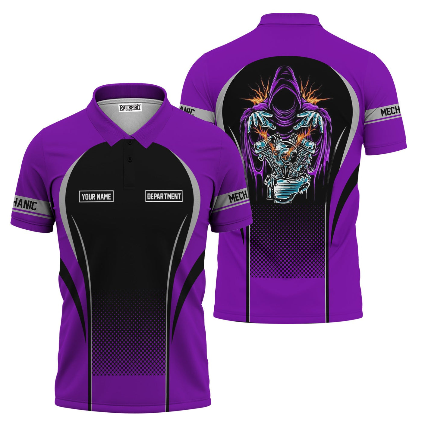 Blisscorners Custom Mechanic Shirt, Personalized Work Uniform, Custom Name & Department, Cool Mechanic Graphic Tee, Purple Engine Skull Design