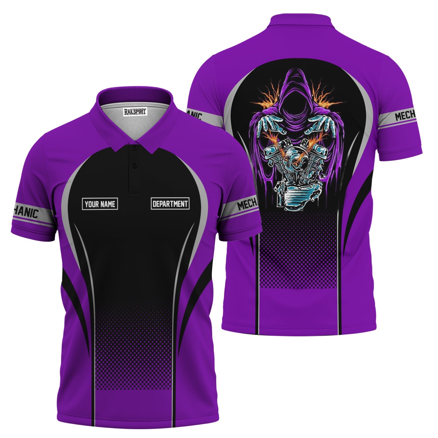 Blisscorners Custom Mechanic Shirt, Personalized Work Uniform, Custom Name & Department, Cool Mechanic Graphic Tee, Purple Engine Skull Design