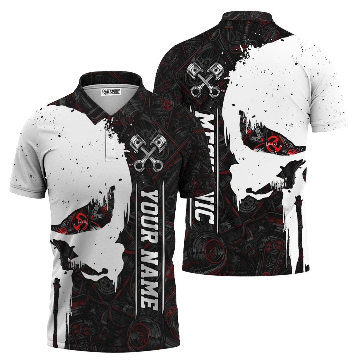 Blisscorners Personalized Mechanic Skull Shirt, Unique Gear Design, Gift for Mechanics & Motorheads, Funny Skull Shirt