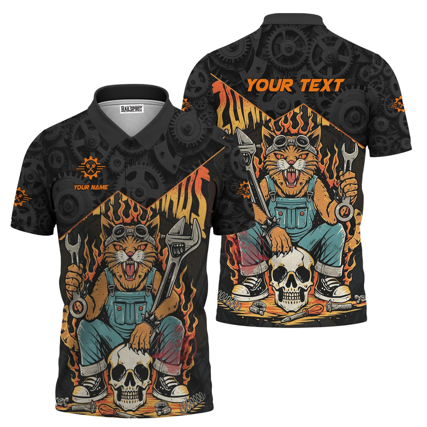 Blisscorners Personalized Mechanic Shirt Custom Name Funny Cat Skull Wrench Flames Auto Repair Garage Workwear Tee Car Repair Shirt Gift For Men Dad