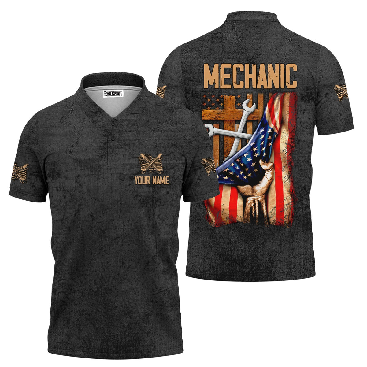 Blisscorners Patriotic Mechanic Shirt, American Flag & Cross Design with Wrenches, Perfect Gift for Christian Mechanics, Car Repair & Garage Fans
