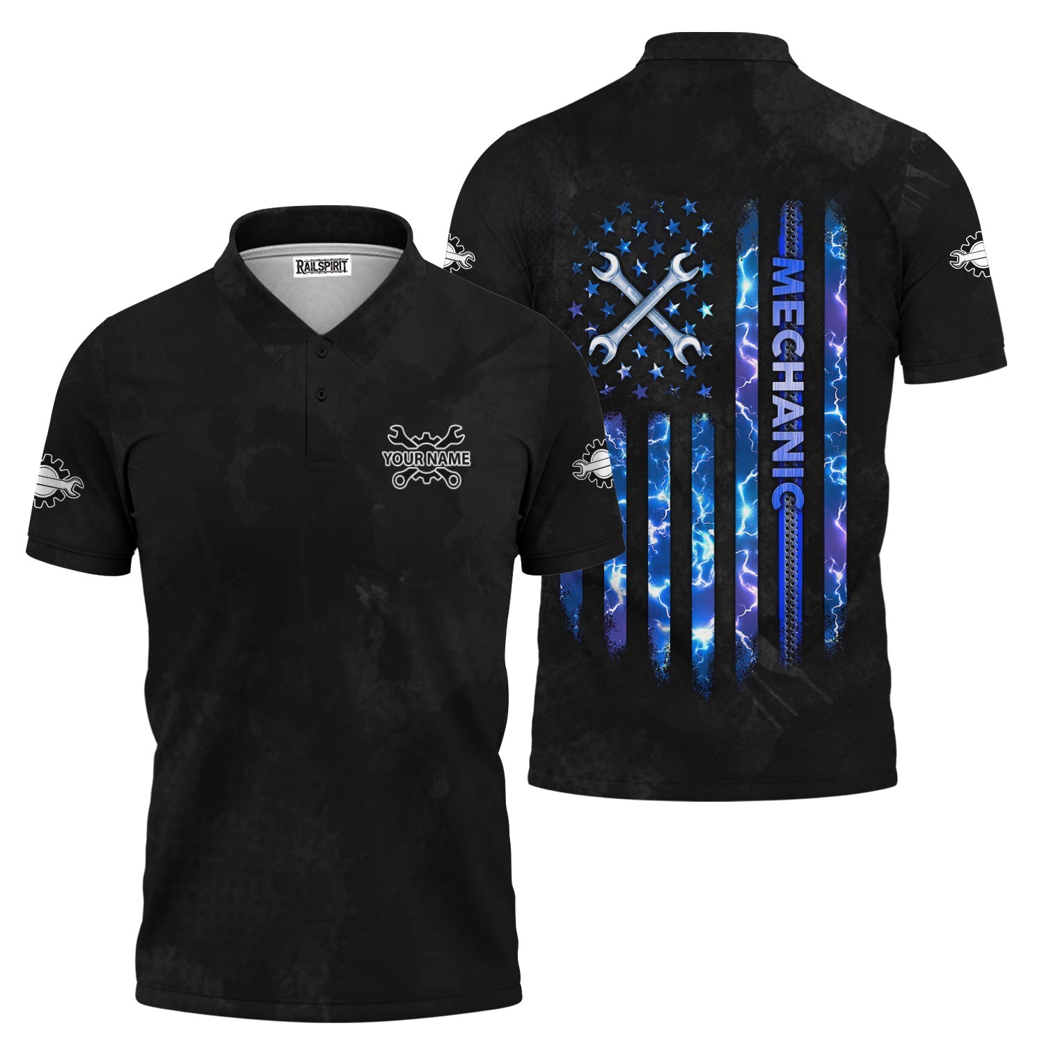 Blisscorners American Flag Mechanic Shirt, Blue Lightning & Tools Graphic, Perfect Patriotic Gift Shirt for Auto Repair Workers & Garage Fans