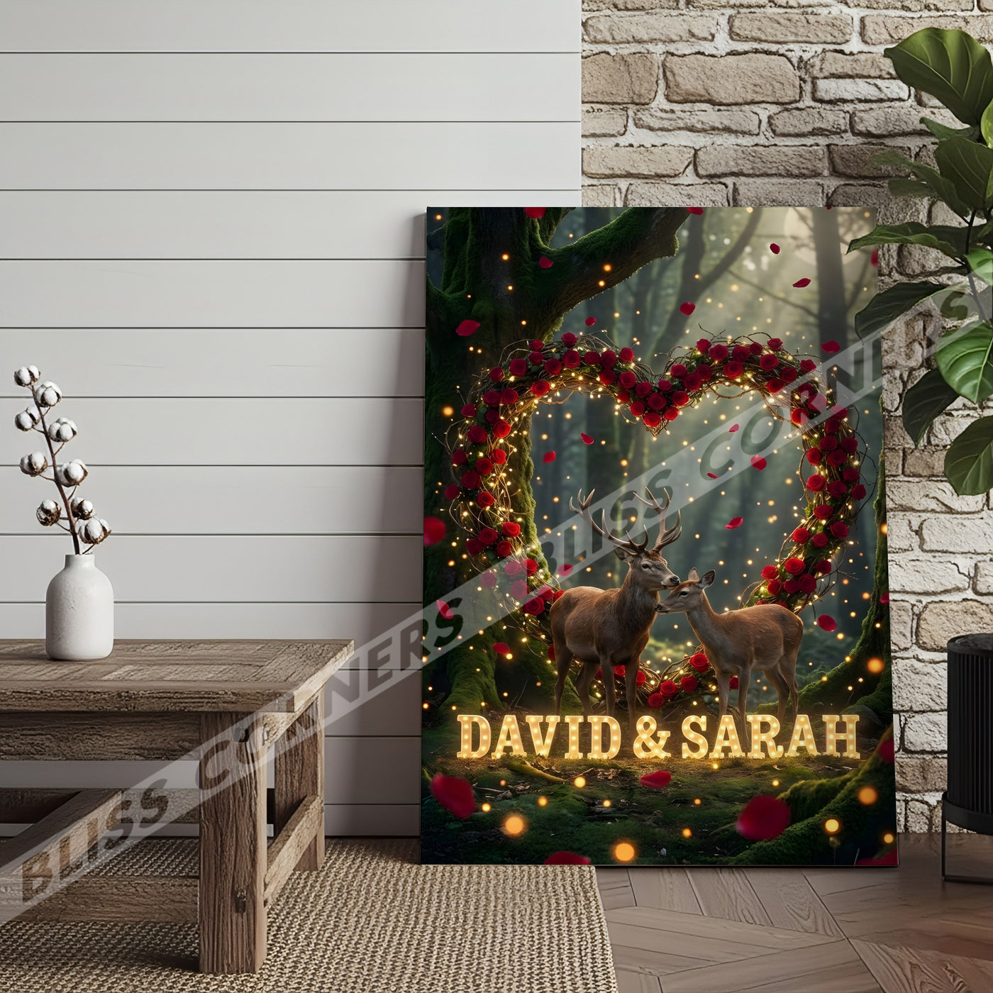 Blisscorners Deer Couple Rose Heart Forest Light Effect Personalized Name Canvas