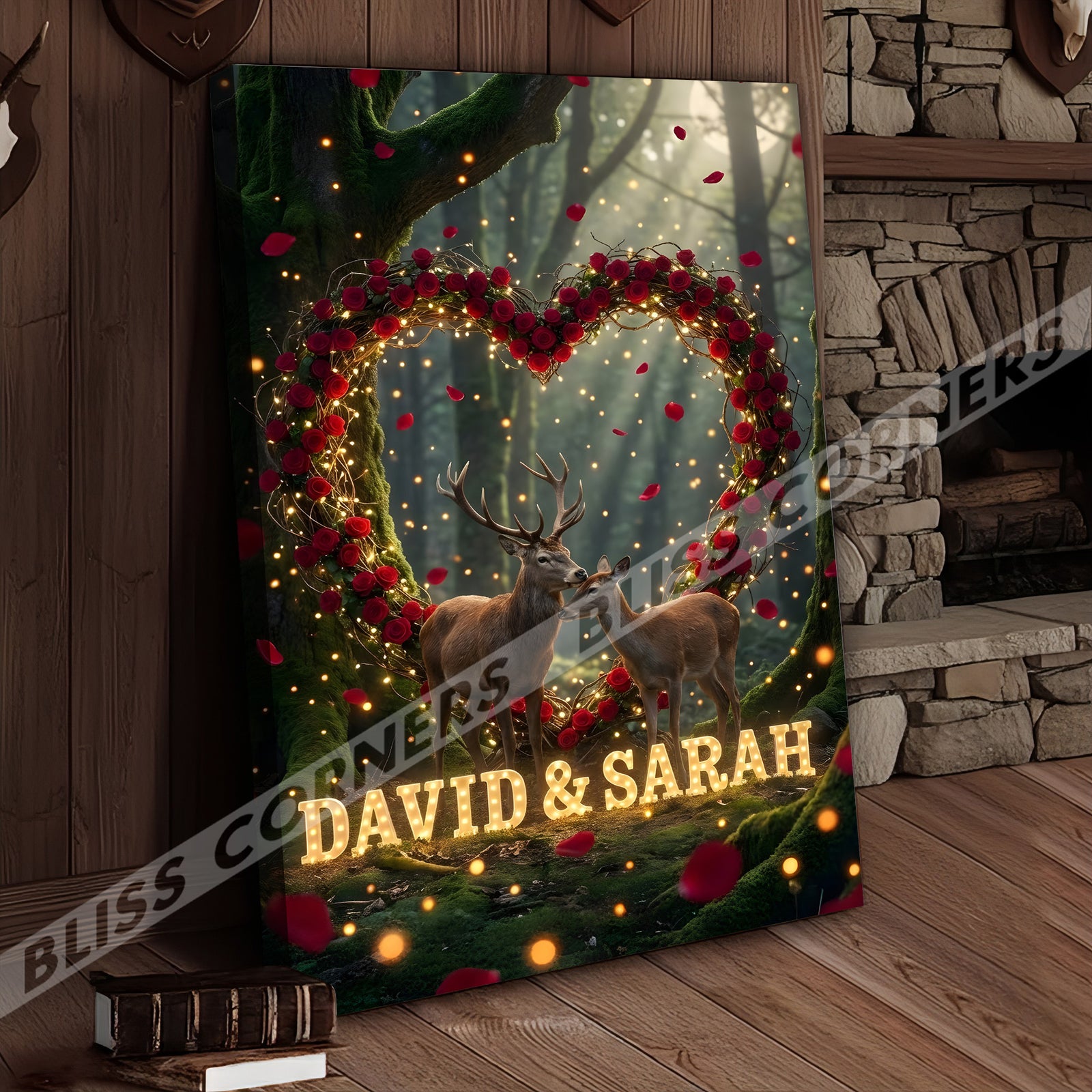 Blisscorners Deer Couple Rose Heart Forest Light Effect Personalized Name Canvas