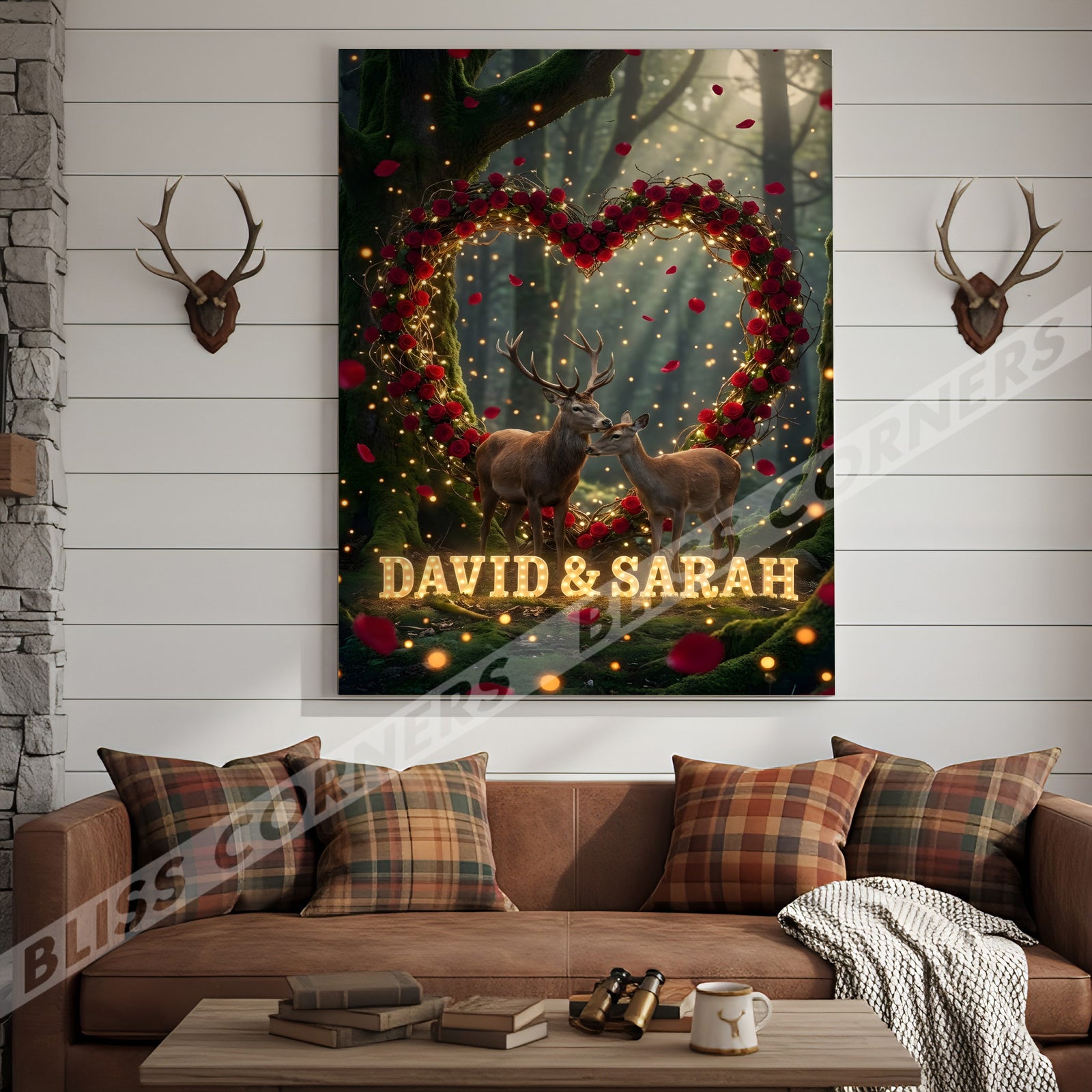 Blisscorners Deer Couple Rose Heart Forest Light Effect Personalized Name Canvas
