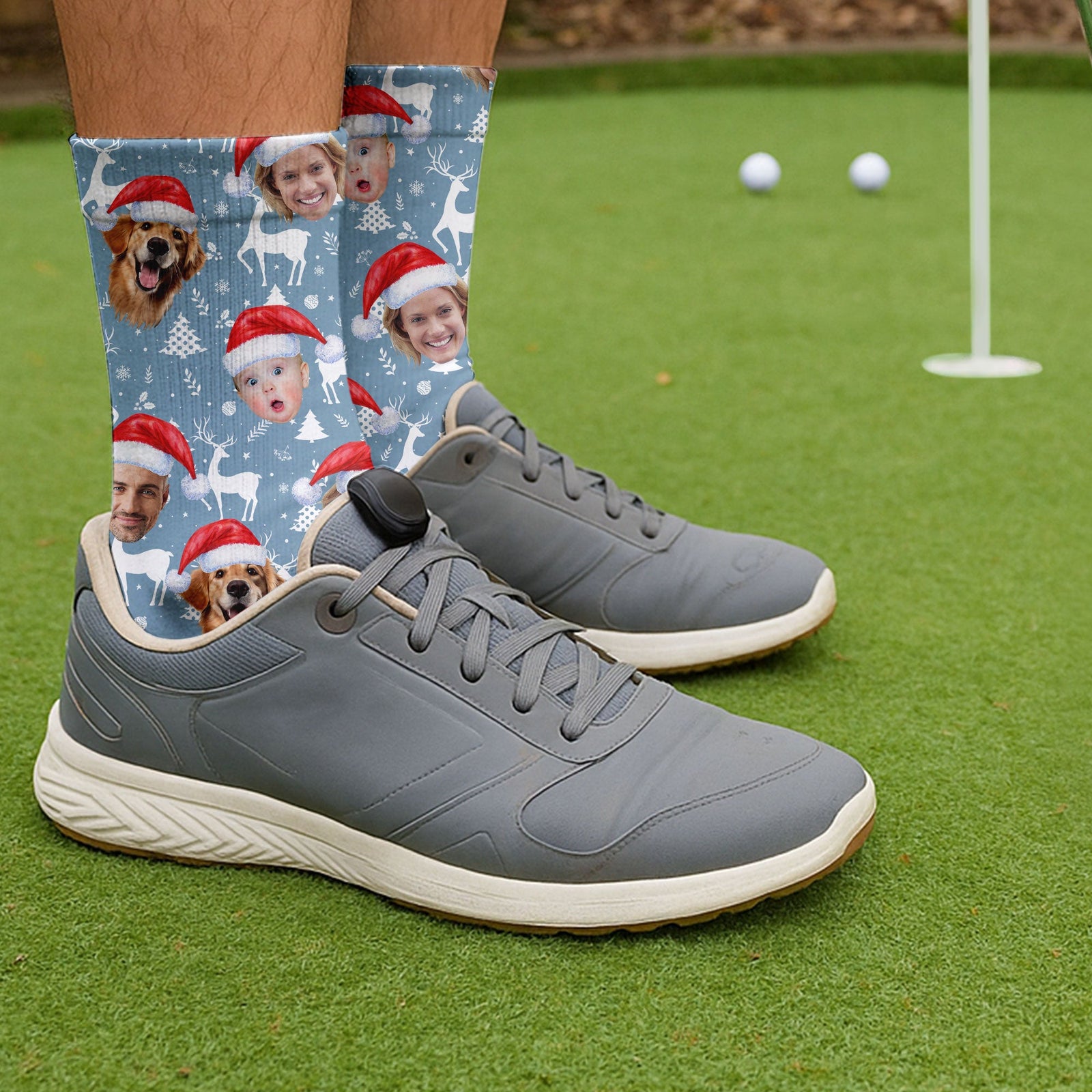 Blisscorners Custom Face Reindeer Pattern Ice Blue Golf Socks, Christmas Golf Socks, Golf Gift IdeaLM2611