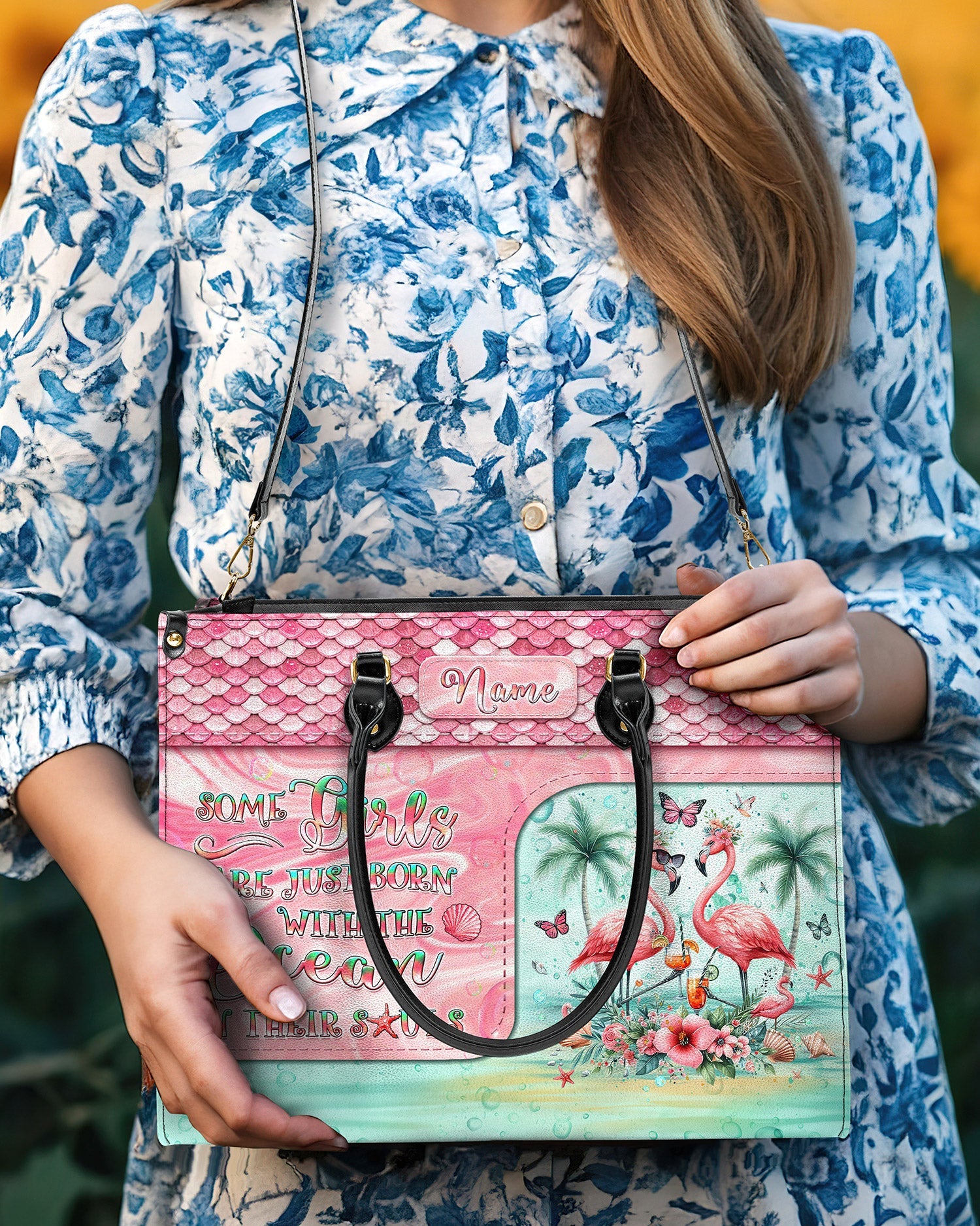 BLISSCORNERS SOME GIRLS ARE JUST BORN FLAMINGO LEATHER HANDBAG