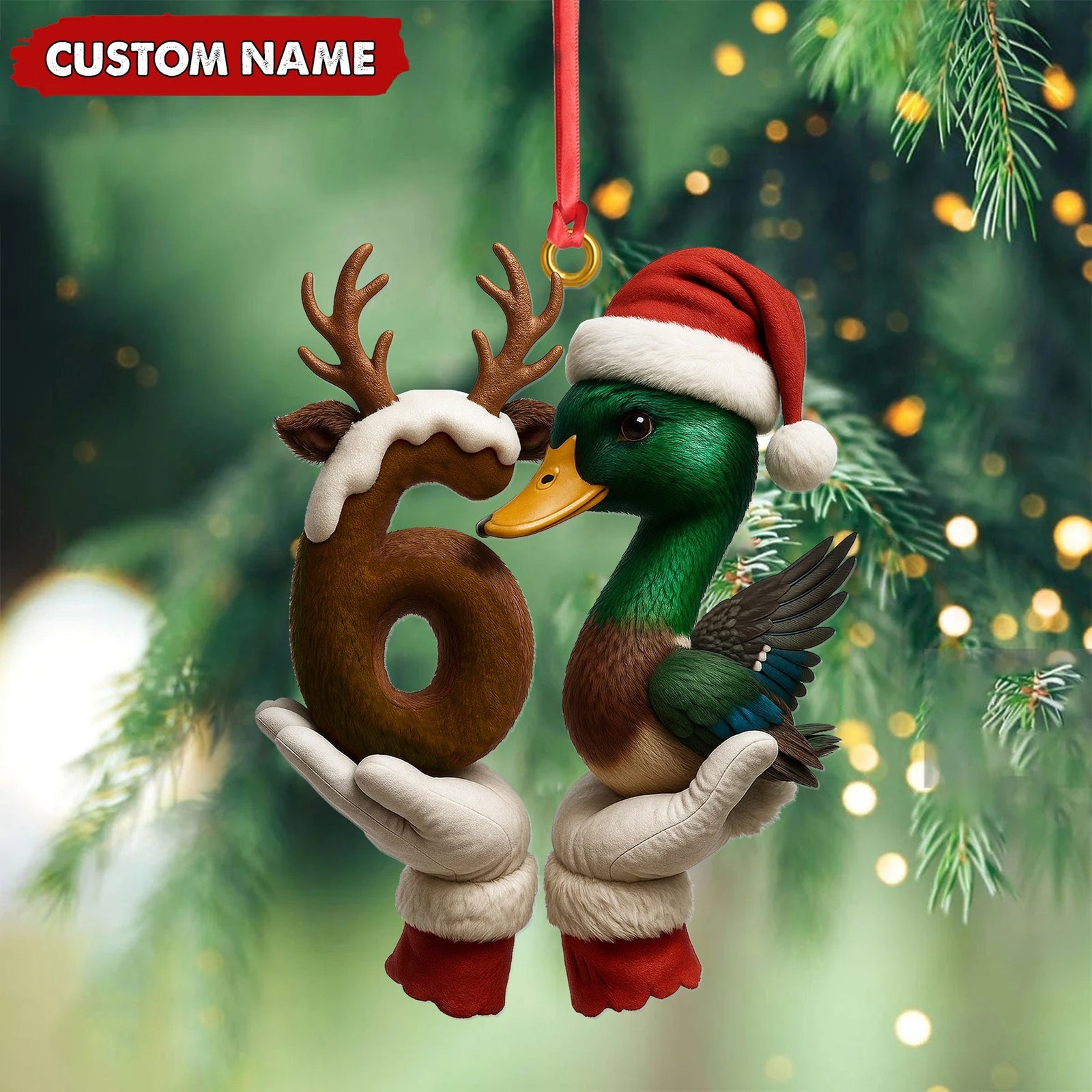 Blisscorners Personalized Trend 67 Duck Christmas Ornament, Custom Name Six Seven Reindeer 6 and Duck Design, Funny Meme Holiday Tree Decoration