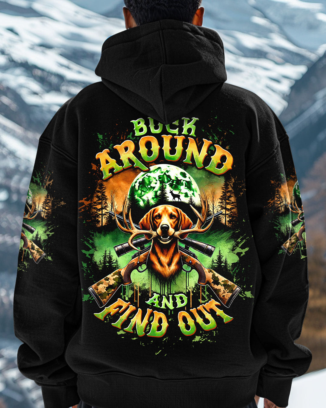 BLISSCORNERS BUCK AROUND AND FIND OUT DEER HUNTING FOXHOUND DOG ALL OVER PRINT