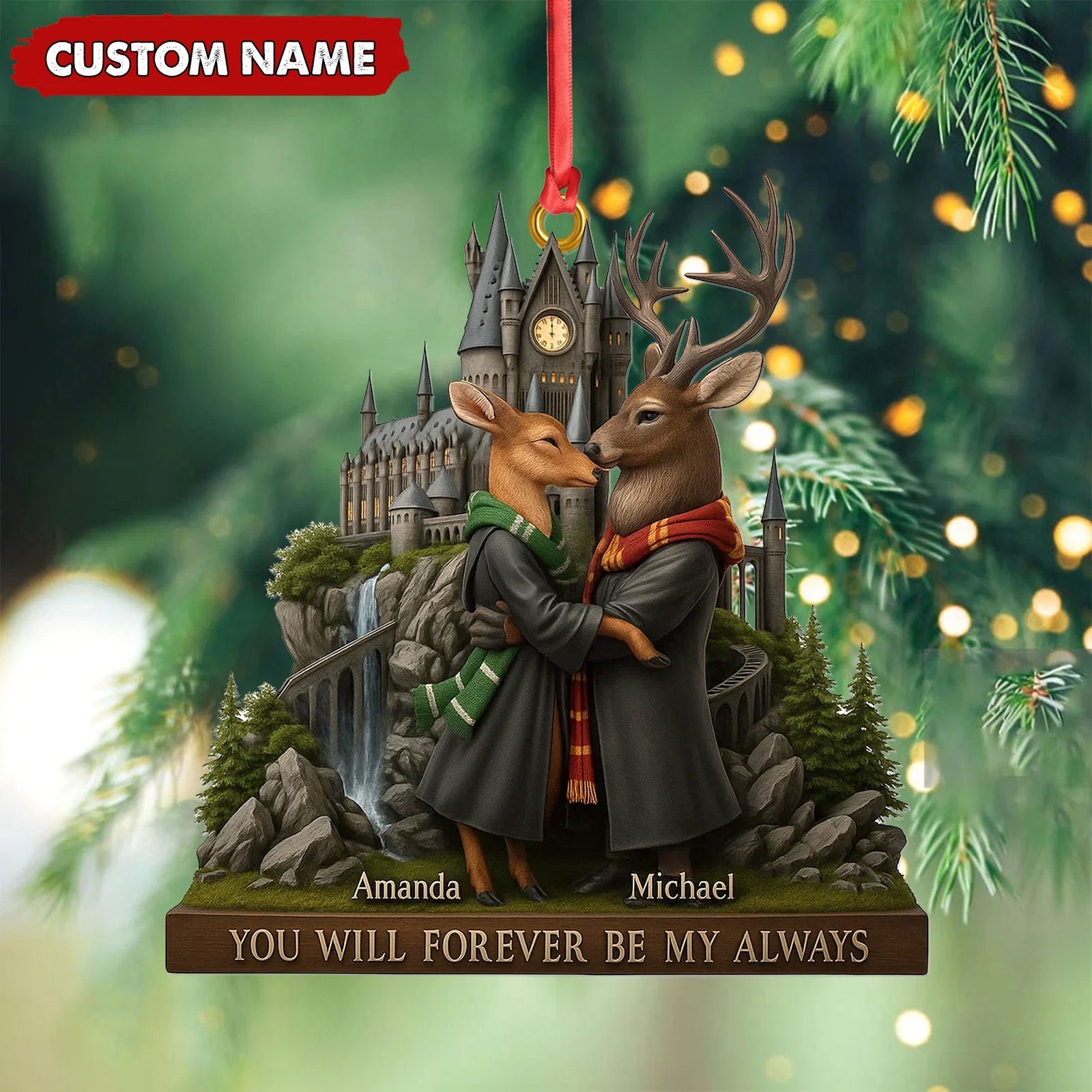 Blisscorners Personalized Wizard Castle Deer Couple Ornament, Custom Name Fantasy Lovers Christmas Gift, Magic School Romance Tree Decoration