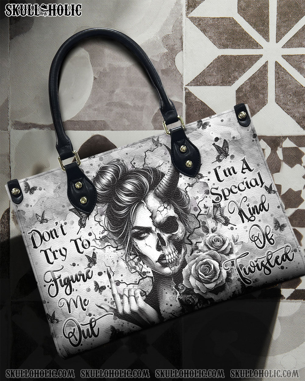 BLISSCORNERS DON'T TRY TO FIGURE ME OUT SKULL LADY LEATHER HANDBAG