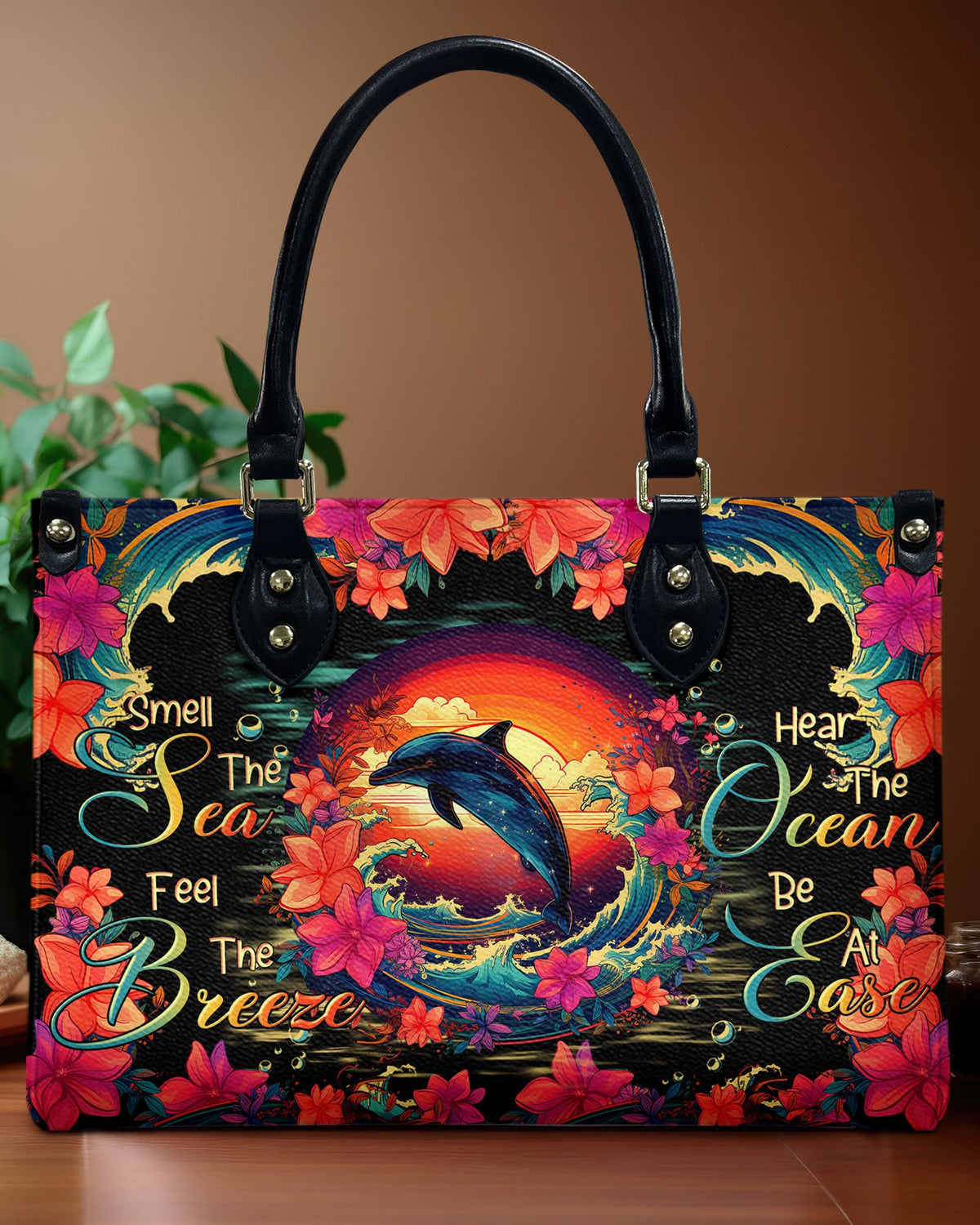 BLISSCORNERS SMELL THE SEA FEEL THE BREEZE DOLPHIN LEATHER HANDBAG
