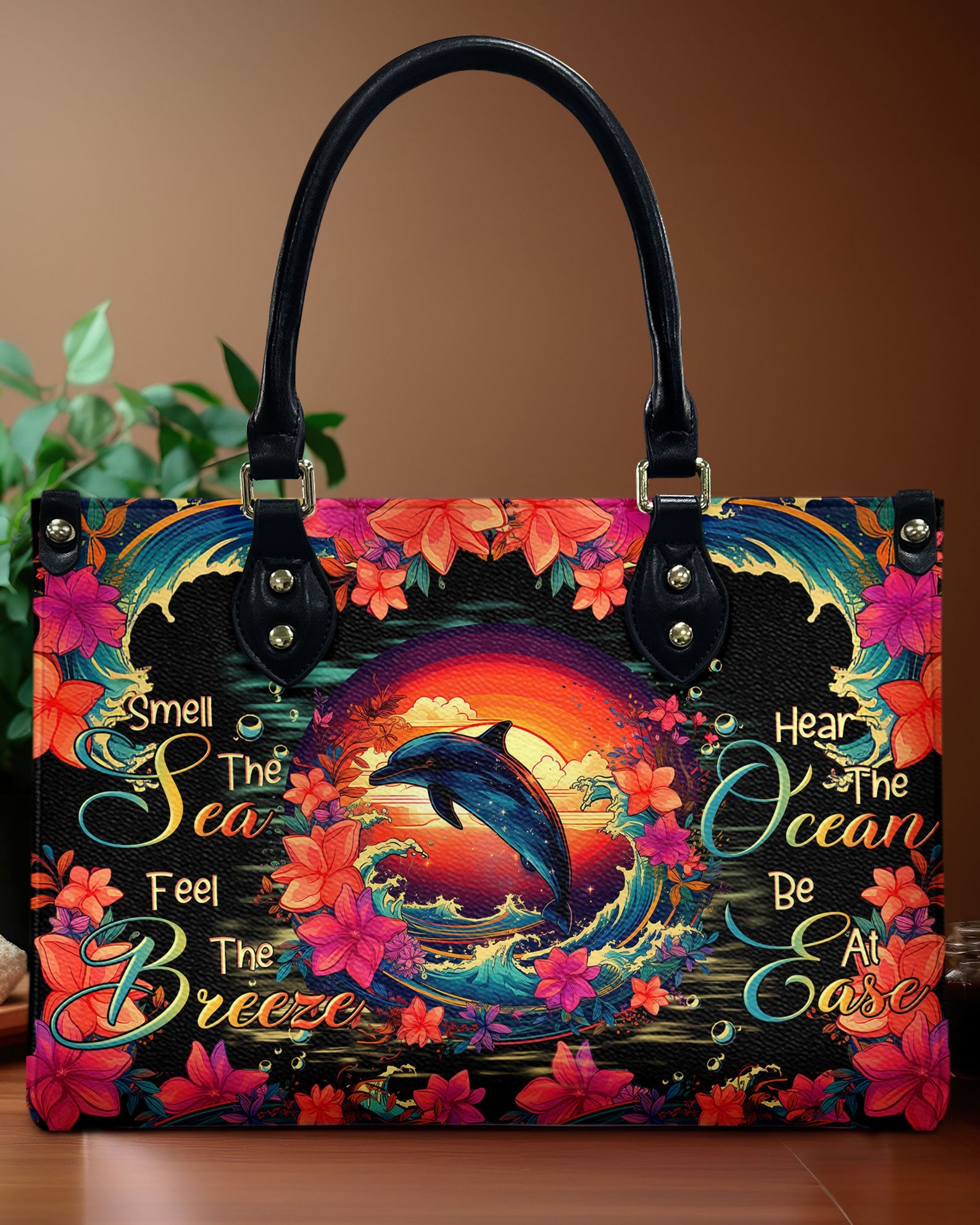 BLISSCORNERS SMELL THE SEA FEEL THE BREEZE DOLPHIN LEATHER HANDBAG