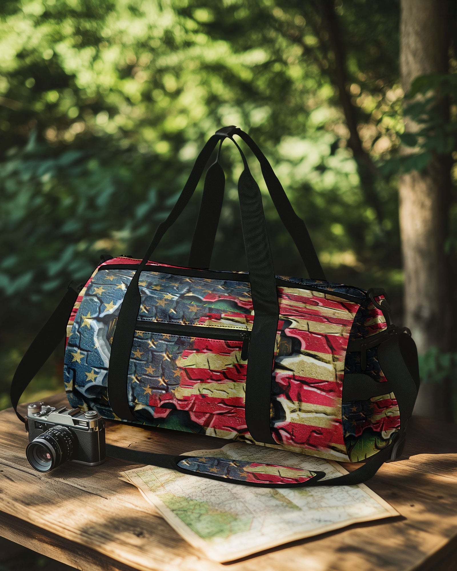 BLISSCORNERS DEER FOREST AMERICAN FLAG TRAVELLING BAG
