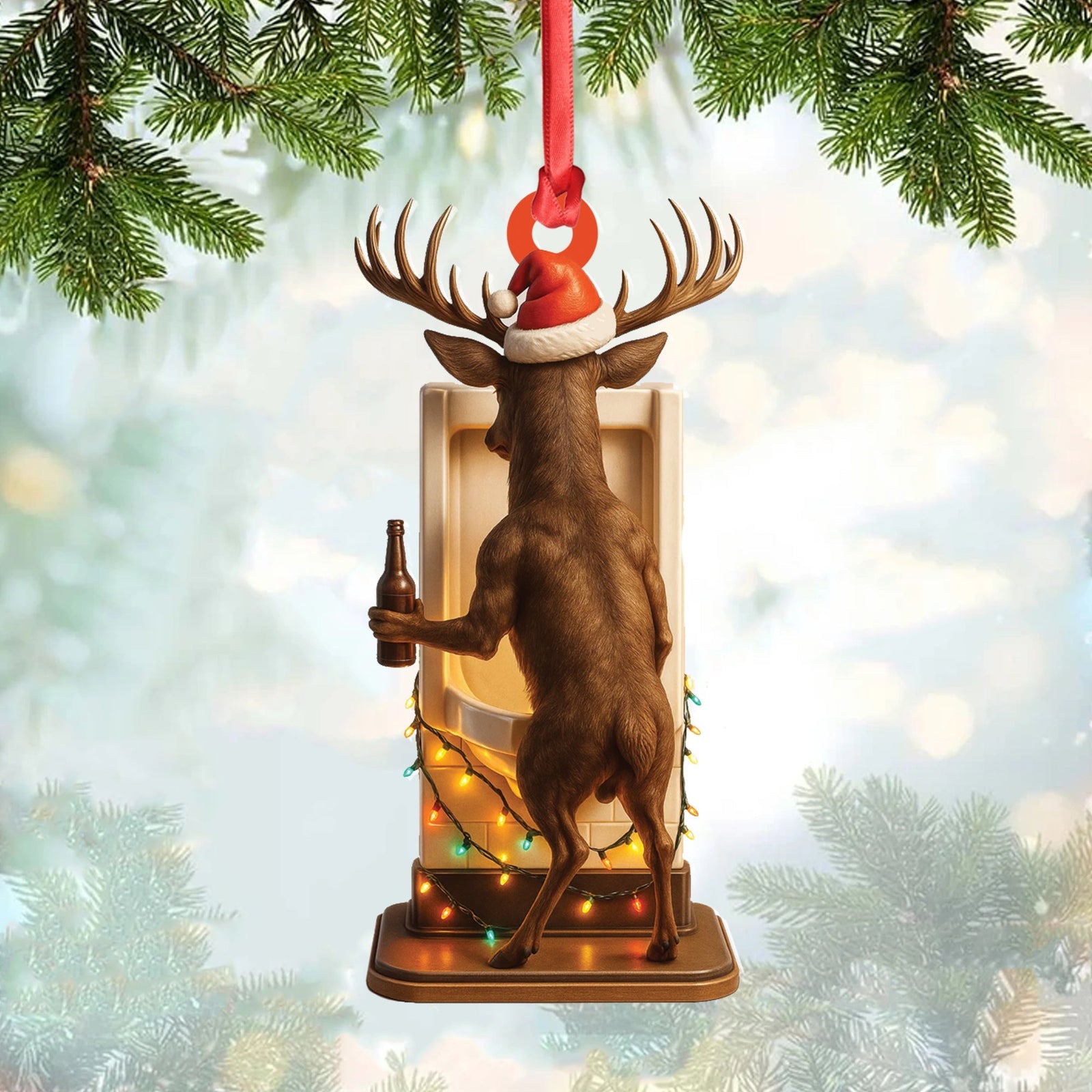 Blisscorners Personalized Acrylic Deer Christmas Ornament - Funny Buck with Santa Hat Drinking Beer by Urinal Holiday Decor LM0110