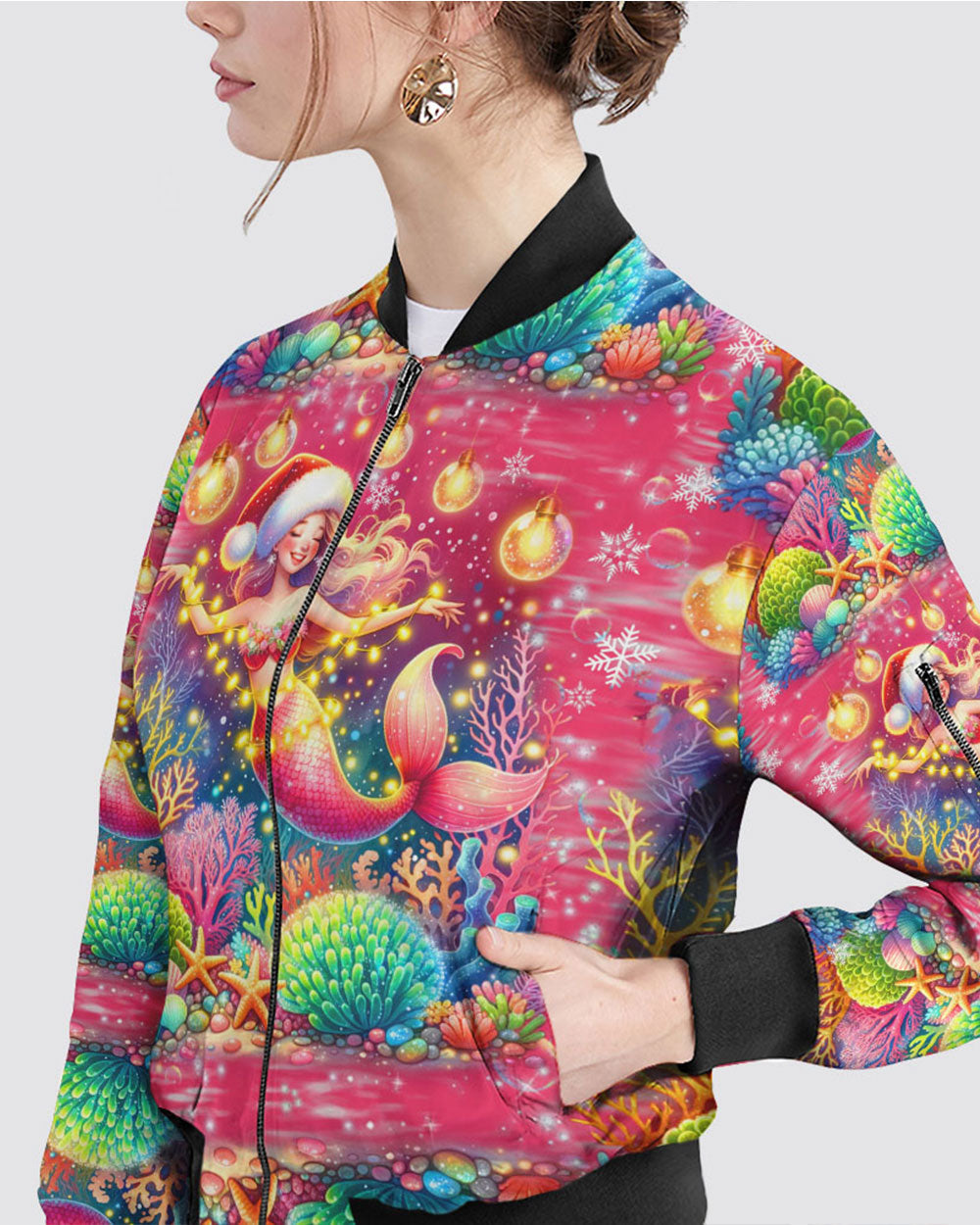 BLISSCORNERS HOLLY JOLLY MERMAID CHRISTMAS BOMBER JACKET