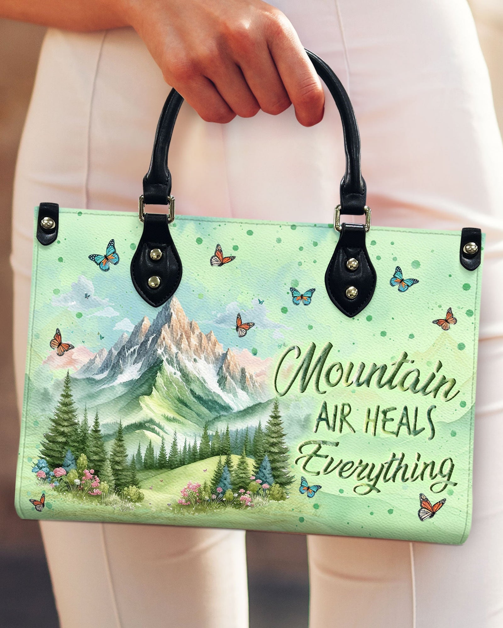 BLISSCORNERS MOUNTAIN AIR HEALS EVERYTHING LEATHER HANDBAG